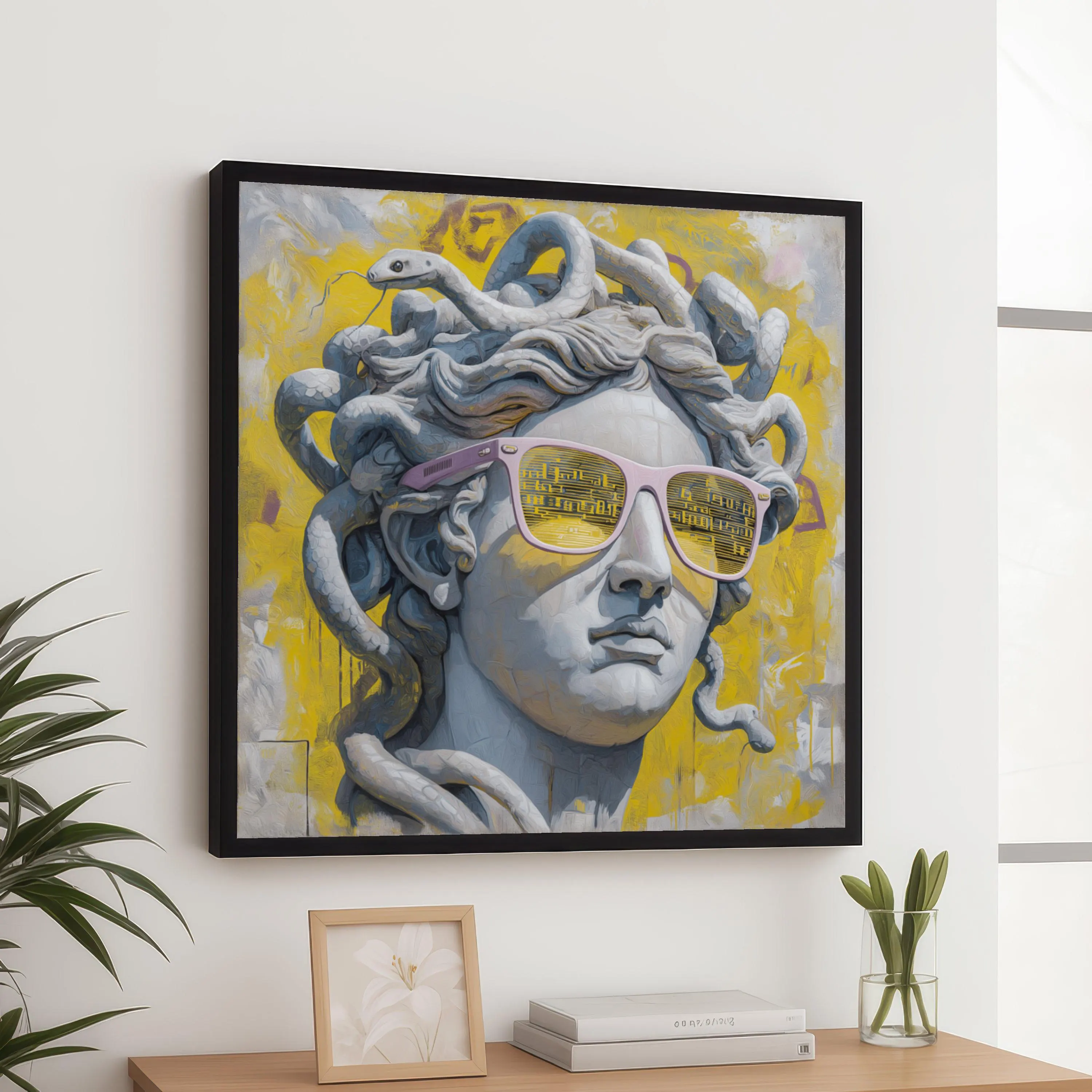 Modern Medusa Statue Canvas Wall Art, Urban Graffiti Style, Snake Hair Sculpture Canvas, Bold Yellow Background, Contemporary Home Decor