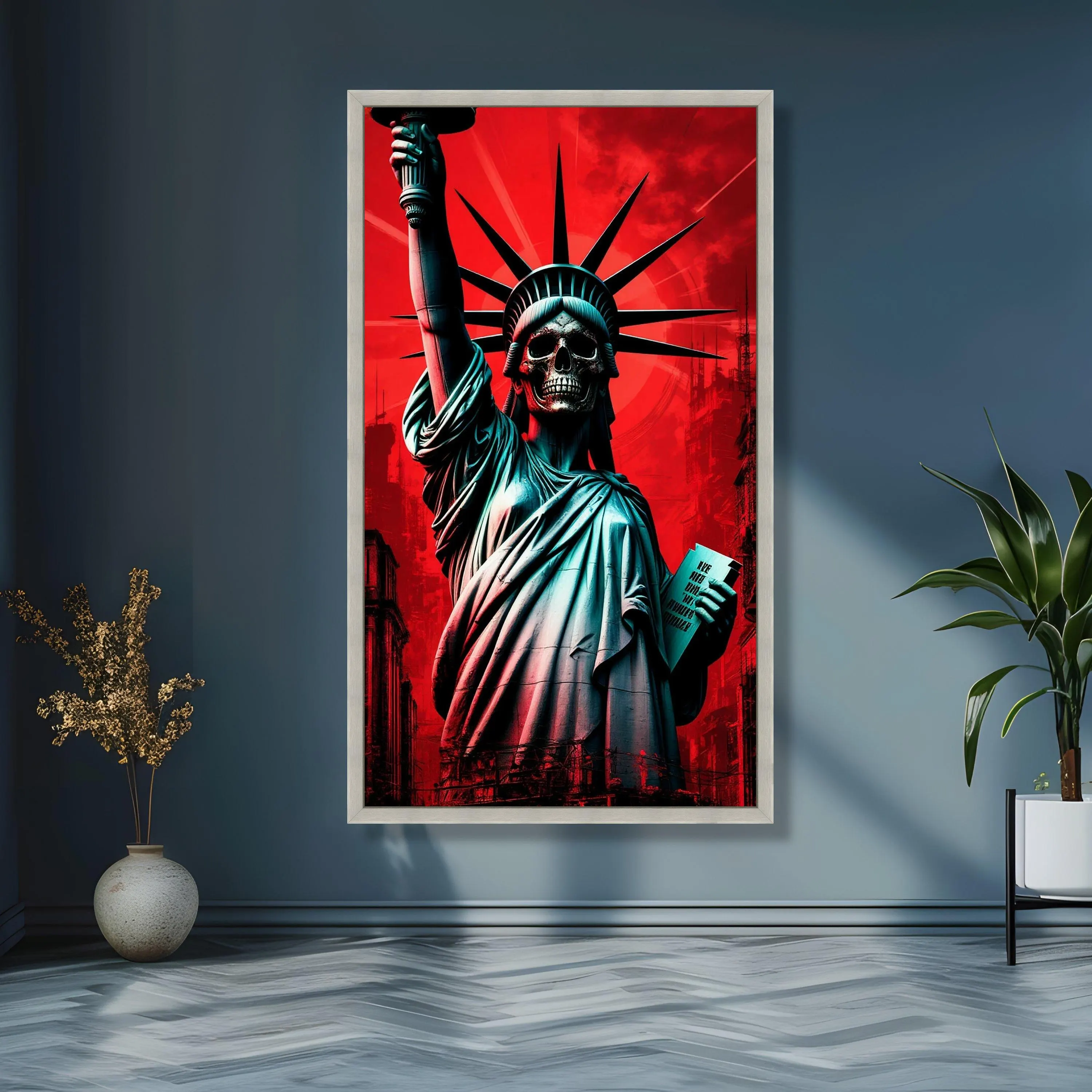Dark Liberty Statue with Skull Face, Gothic Wall Art Canvas, Dystopian Home Decor, Bold Red Background Canvas, Urban Decay Theme Wall Art - image 5