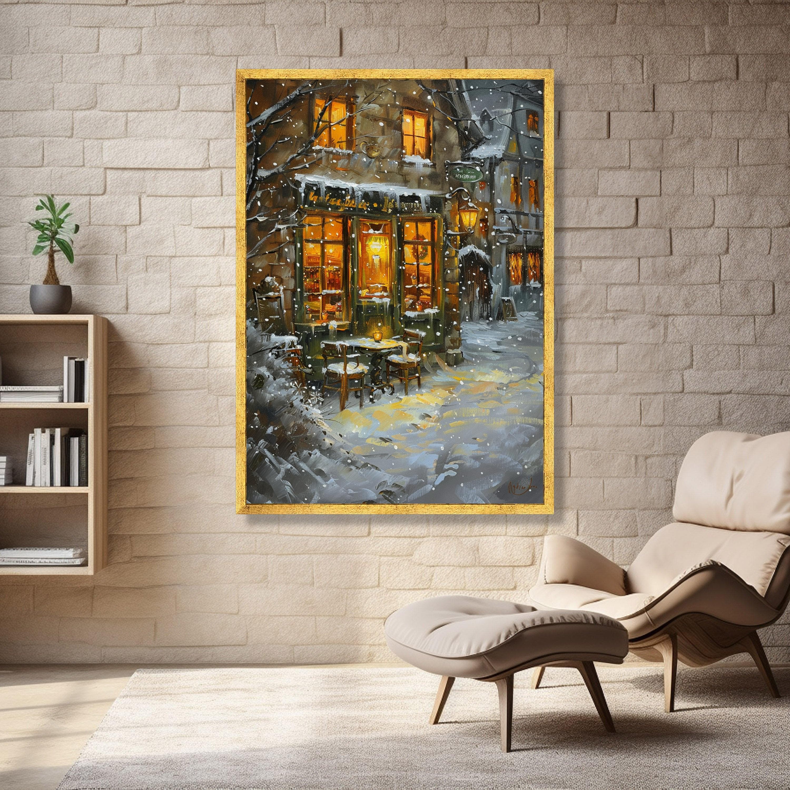Cozy Winter Café Scene Canvas, Snowy Street Wall Art, Warm Light Painting, Seasonal Home Decoration, Rustic Outdoor Bistro Canvas - image 3