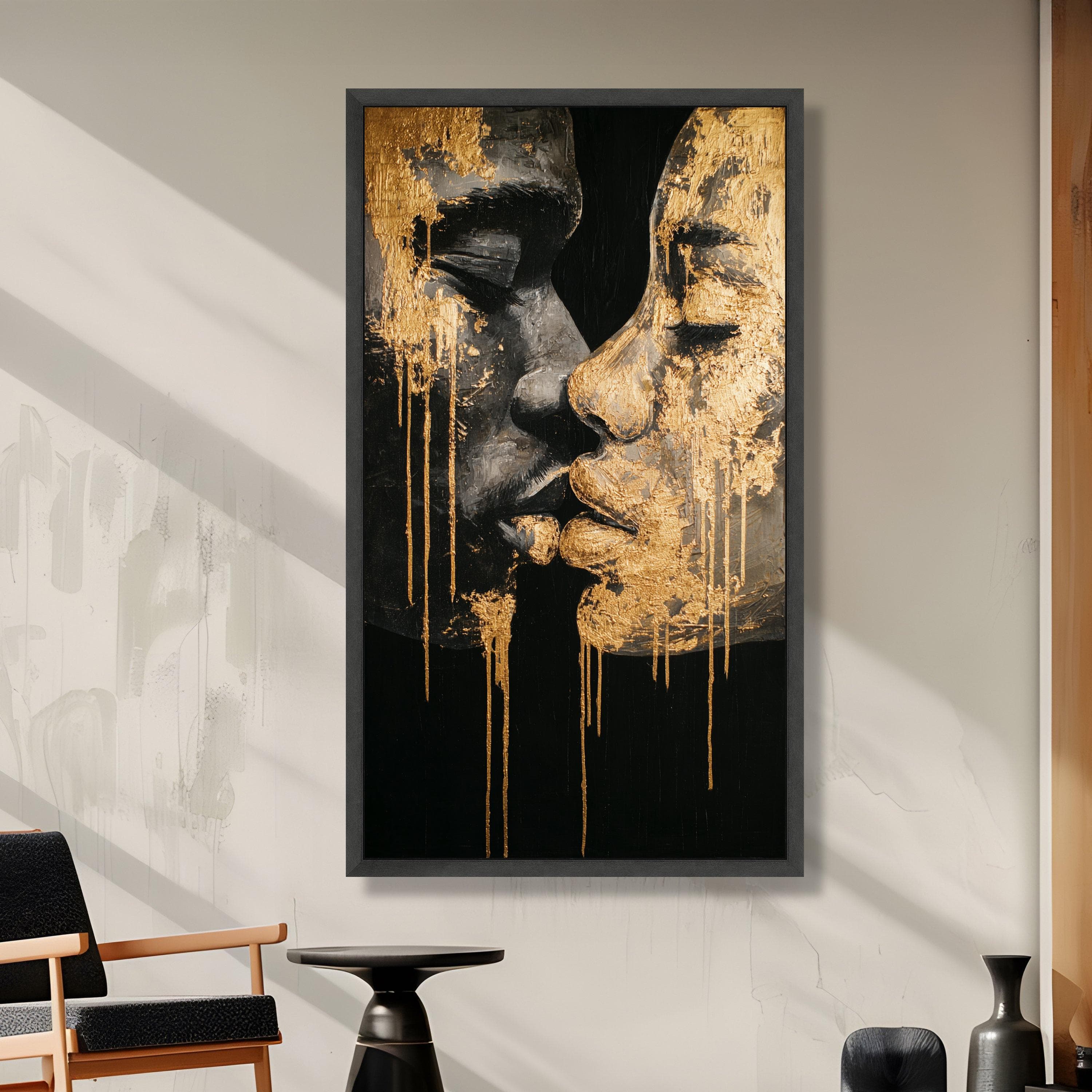 Golden Kiss Abstract Canvas, Couples Portrait Wall Art, Modern Romantic Canvas, Gold Leaf Design, Intimate Home Decoration - image 4