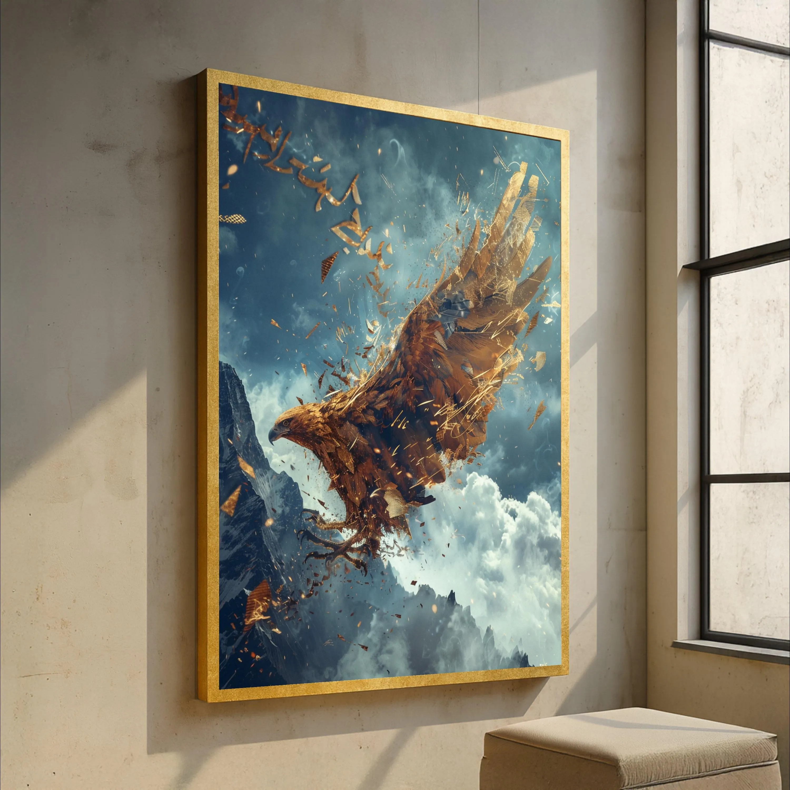 Majestic Golden Eagle Canvas Wall Art, Abstract Flying Bird, Mountain Sky Landscape, Nature Wildlife Canvas Decoration, Ready to Hang