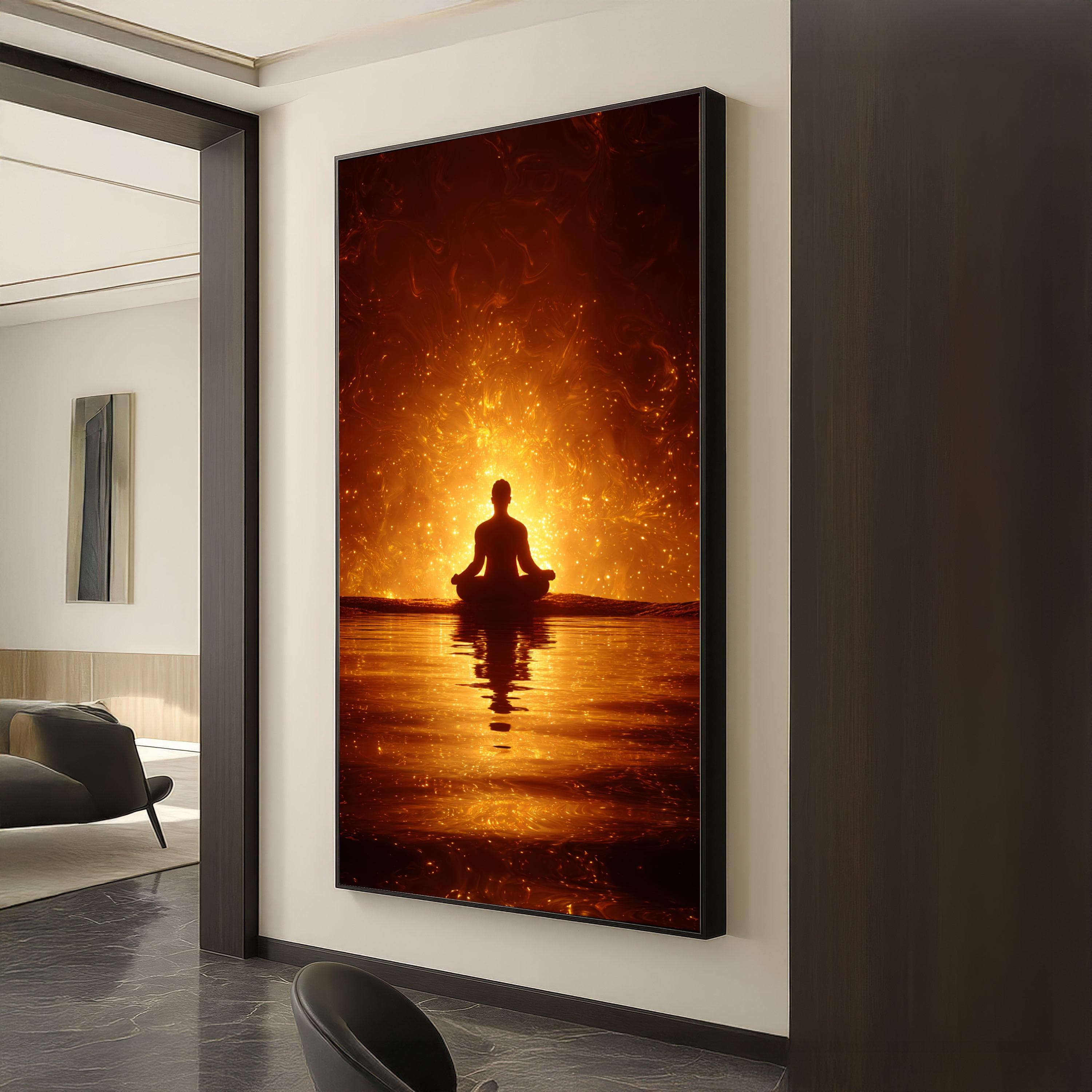 Illuminated Meditation Silhouette Canvas, Spiritual Glow Wall Art, Zen Serenity Reflection, Yoga Pose Decoration, Tranquil Atmosphere Canvas