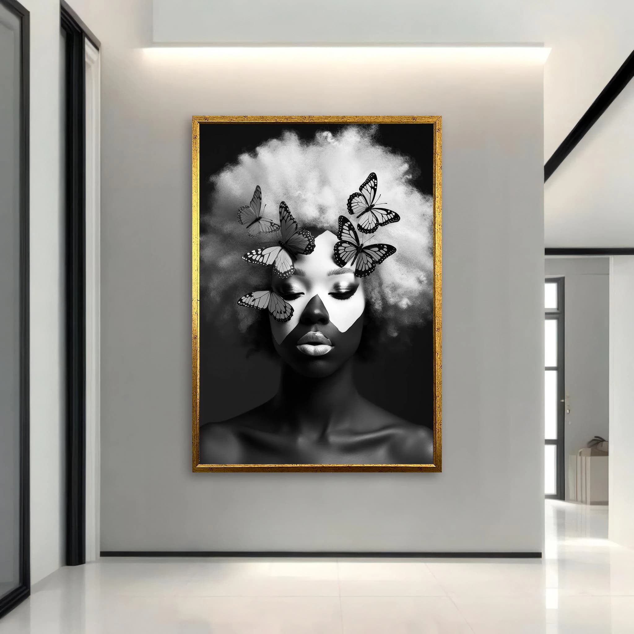 Afro Butterfly Portrait Canvas – Black & White Surreal Art, Modern Wall Decor - image 4
