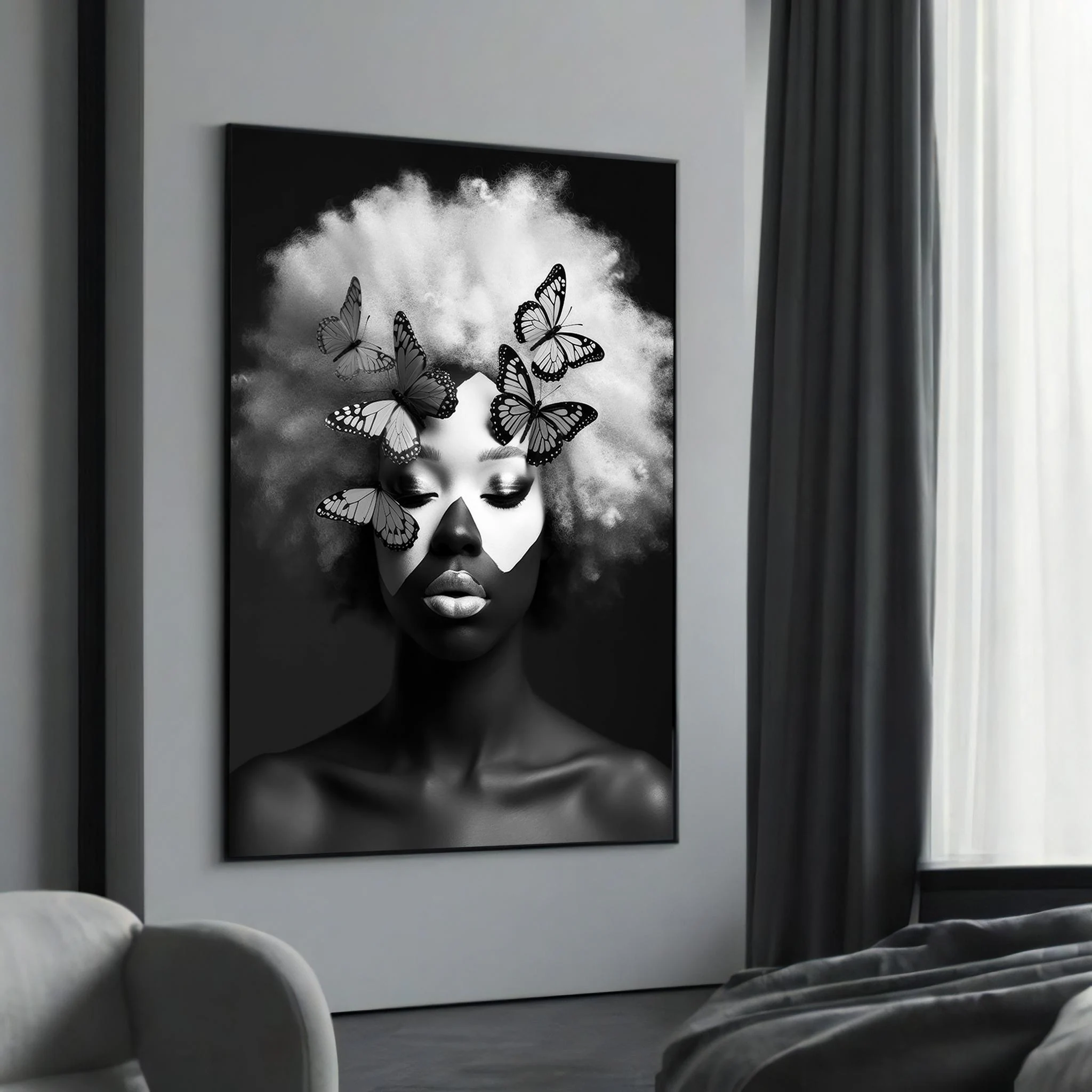 Afro Butterfly Portrait Canvas – Black & White Surreal Art, Modern Wall Decor