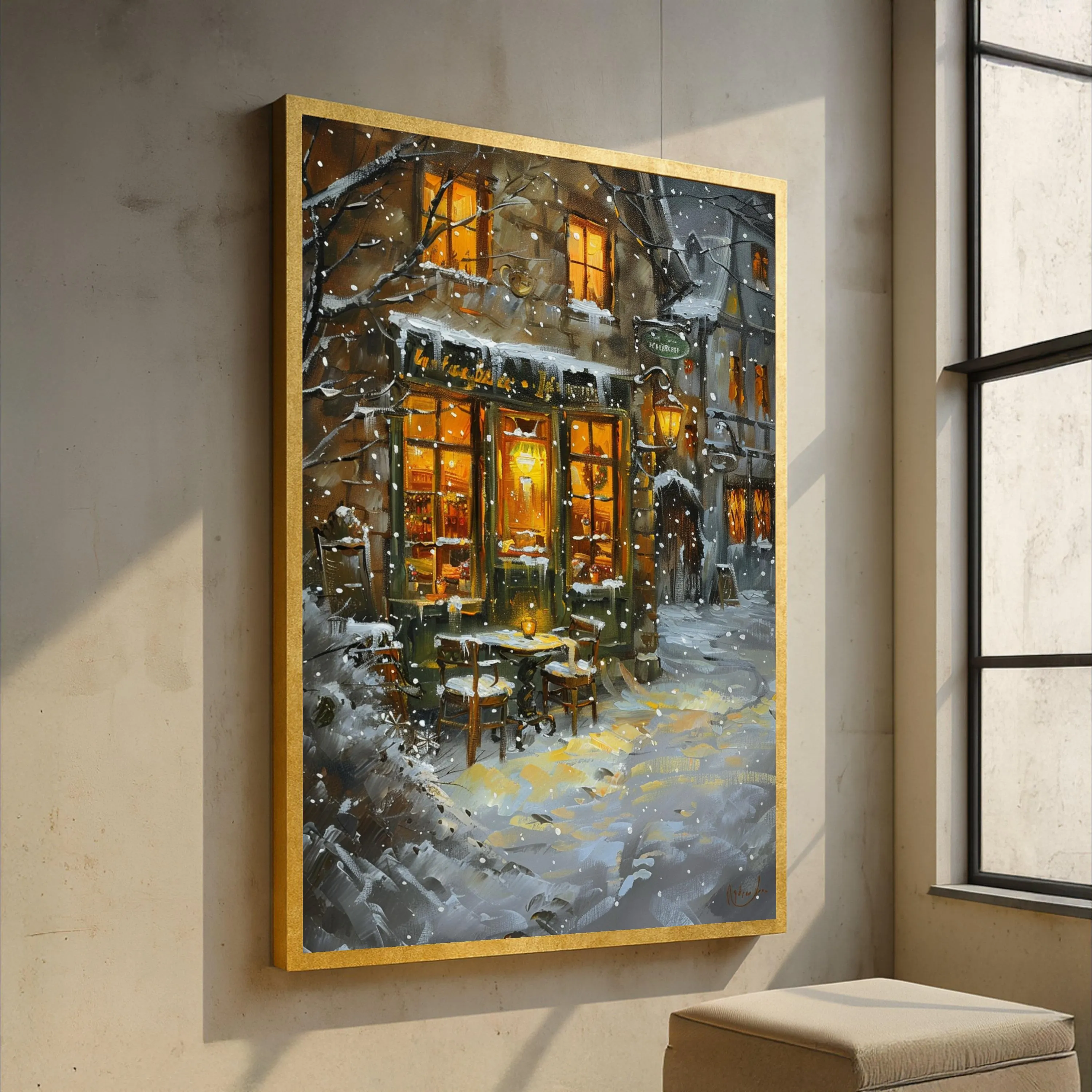 Cozy Winter Café Scene Canvas, Snowy Street Wall Art, Warm Light Painting, Seasonal Home Decoration, Rustic Outdoor Bistro Canvas