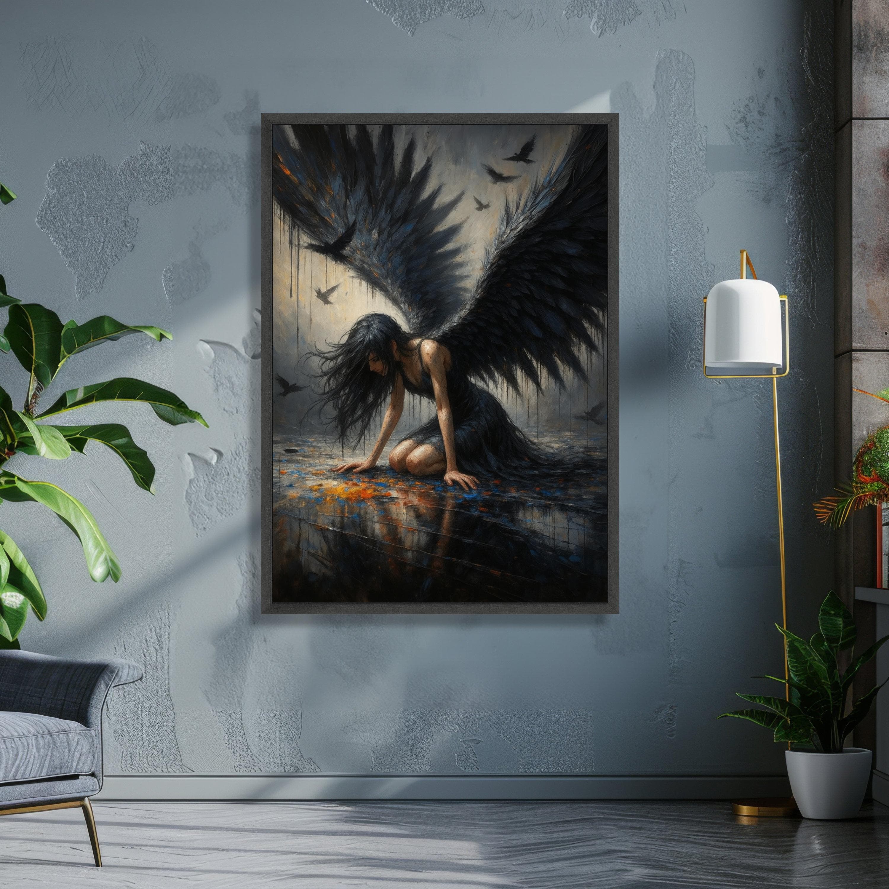 Dark Fallen Angel Canvas Wall Art, Gothic Woman with Black Wings, Moody Fantasy Art, Dramatic Home Decor, Mystical Wall Painting - image 4