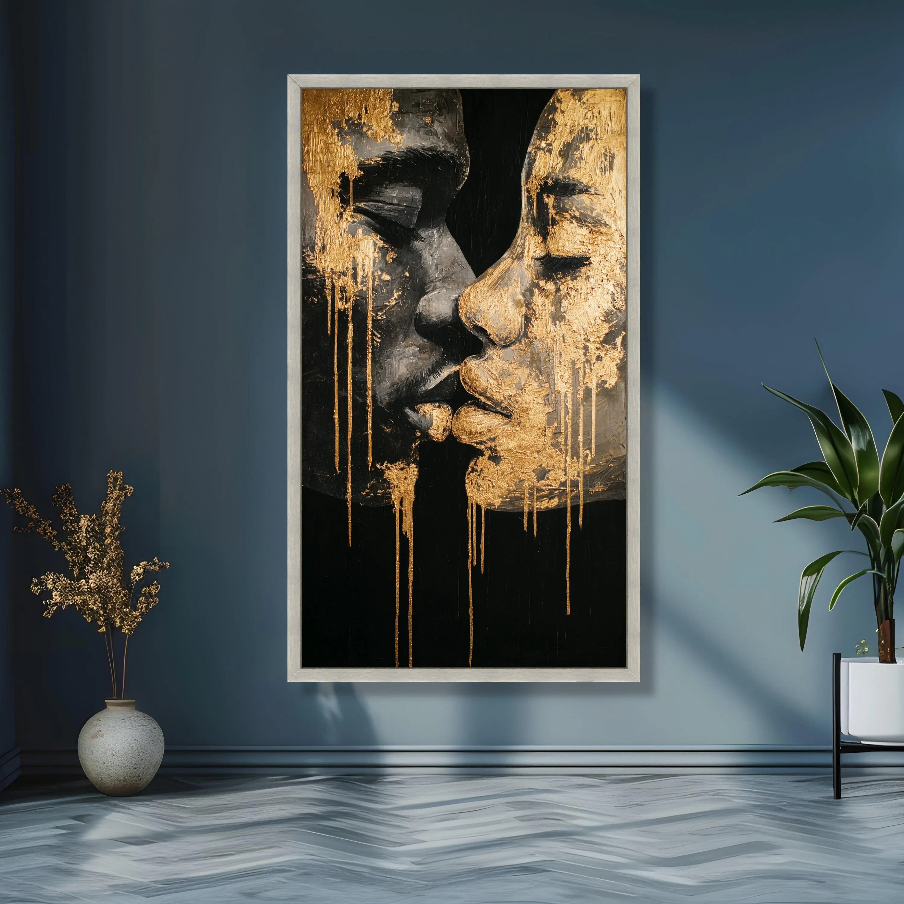 Golden Kiss Abstract Canvas, Couples Portrait Wall Art, Modern Romantic Canvas, Gold Leaf Design, Intimate Home Decoration - image 5