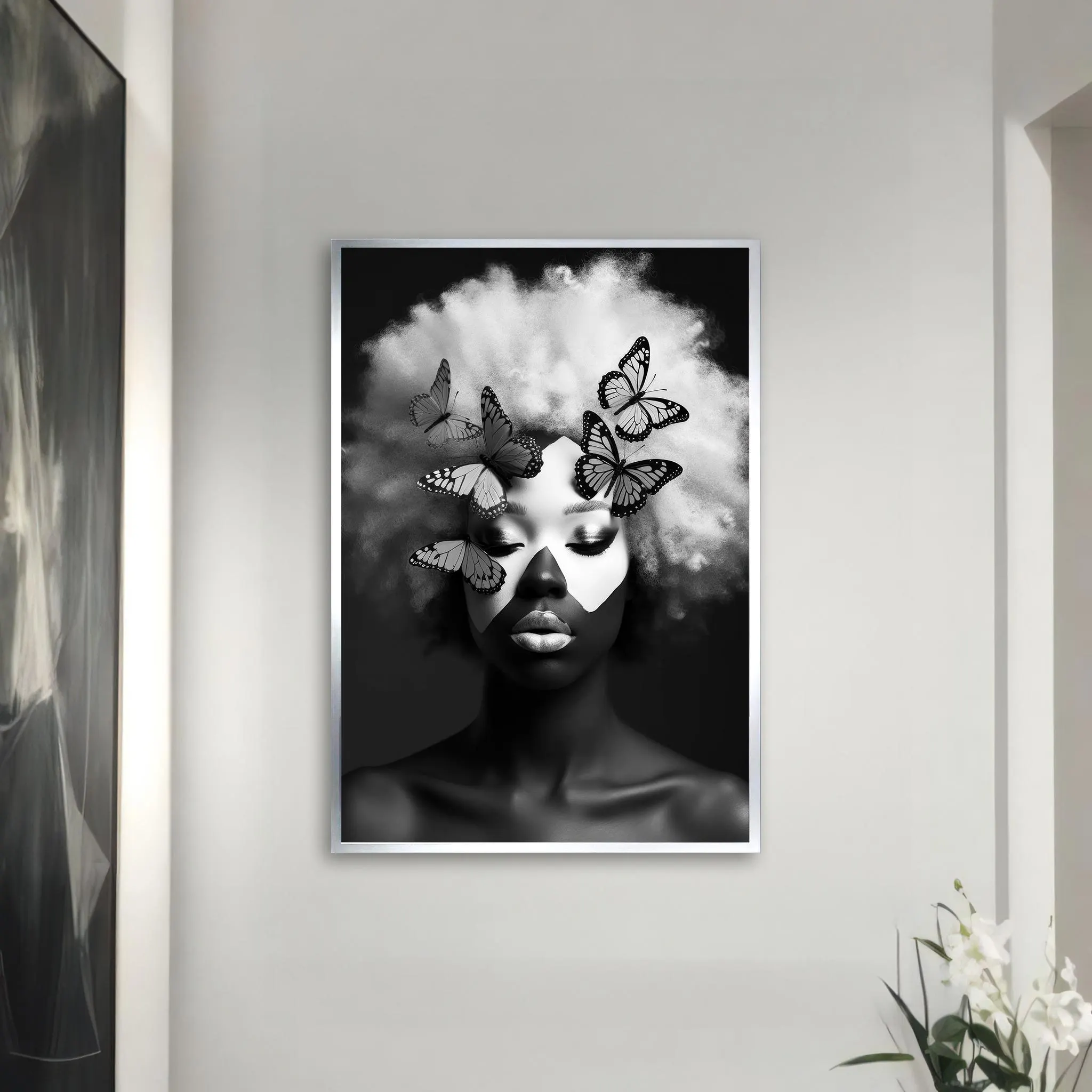 Afro Butterfly Portrait Canvas – Black & White Surreal Art, Modern Wall Decor - image 5