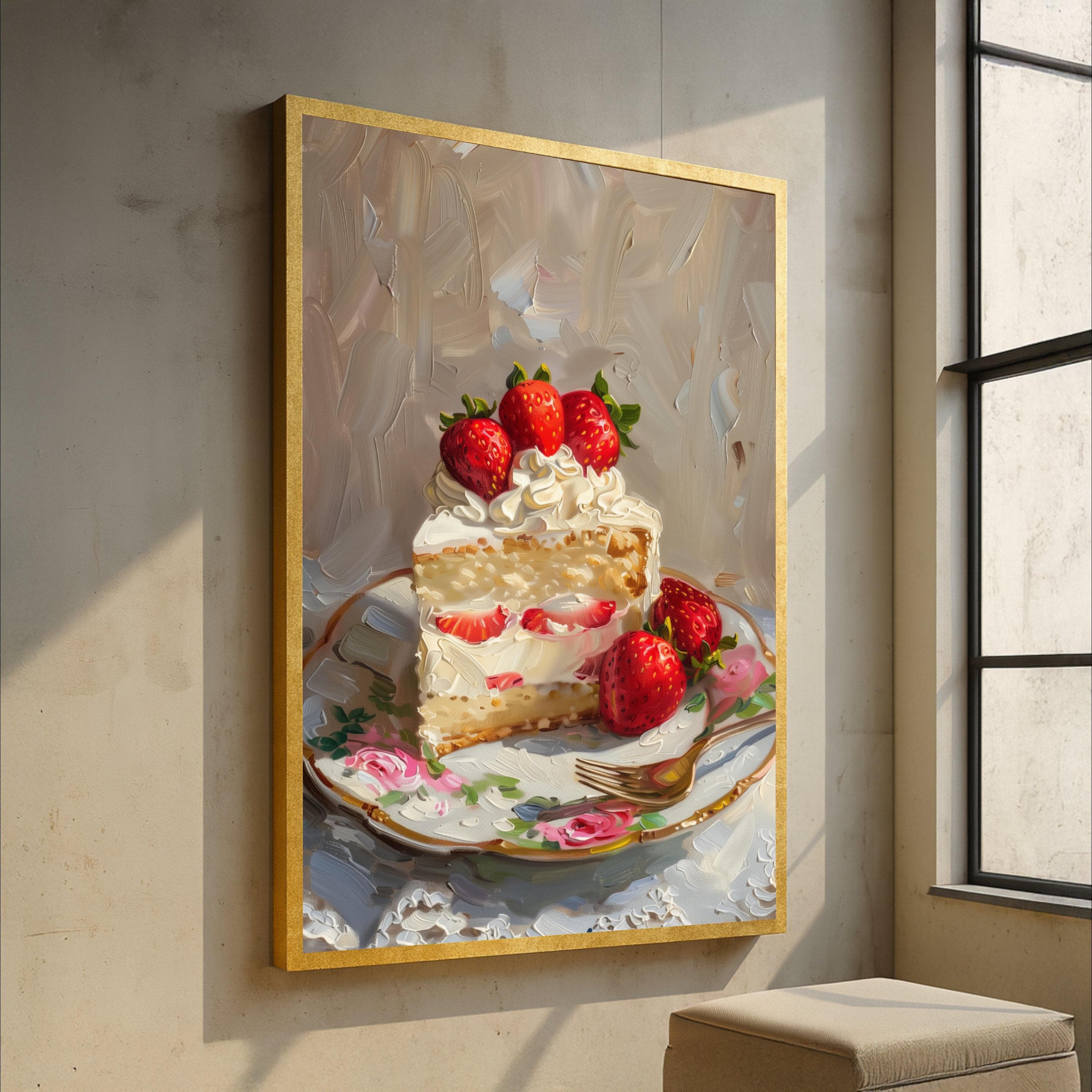 Strawberry Shortcake Canvas Wall Art, Whipped Cream Dessert Painting, Sweet Food Decor, Kitchen Wall Canvas, Gourmet Treat Artwork