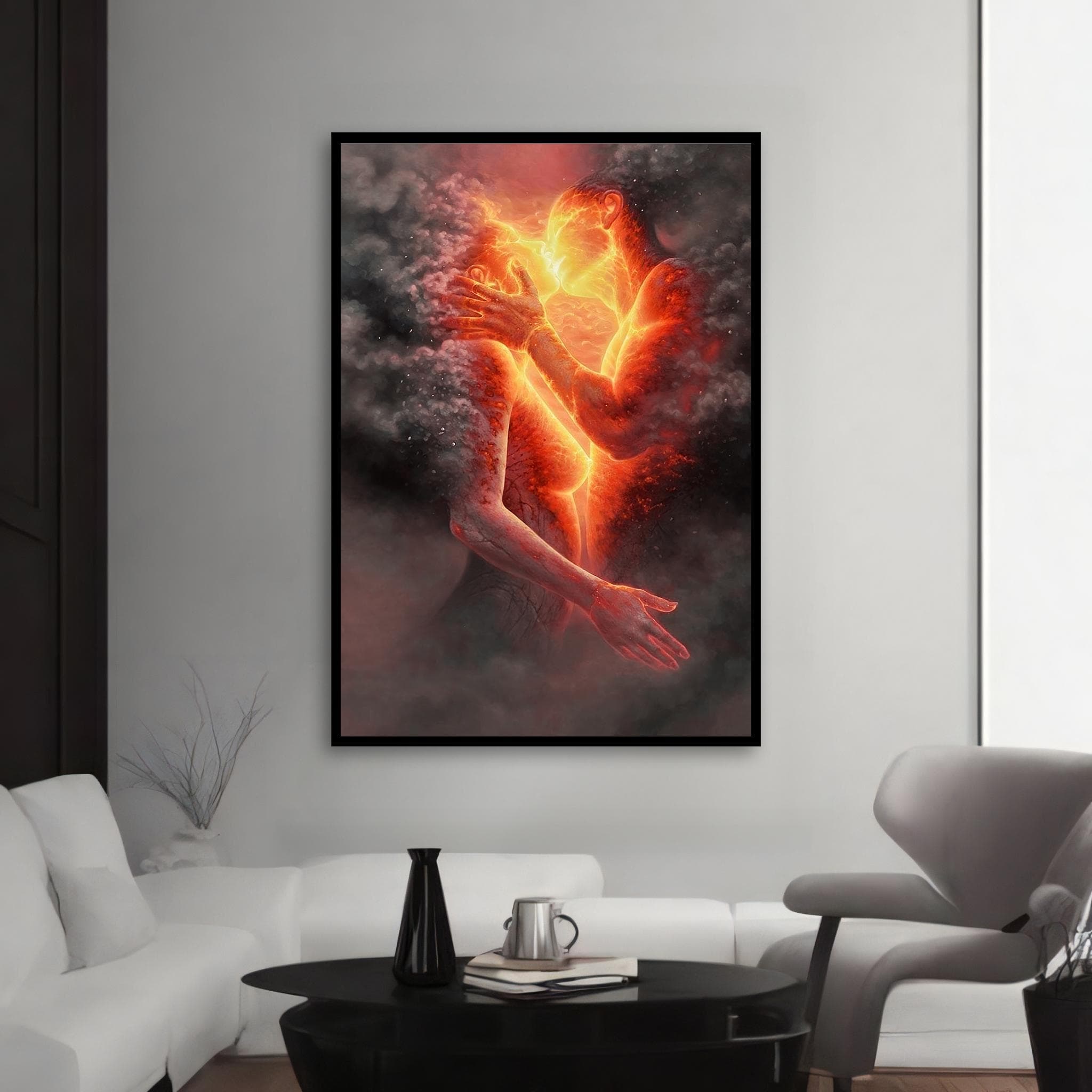 Fiery Embrace Canvas Art - Passionate Lovers Wall Art, Abstract Fire and Smoke, Romantic Modern Decor, Ready to Hang - image 3