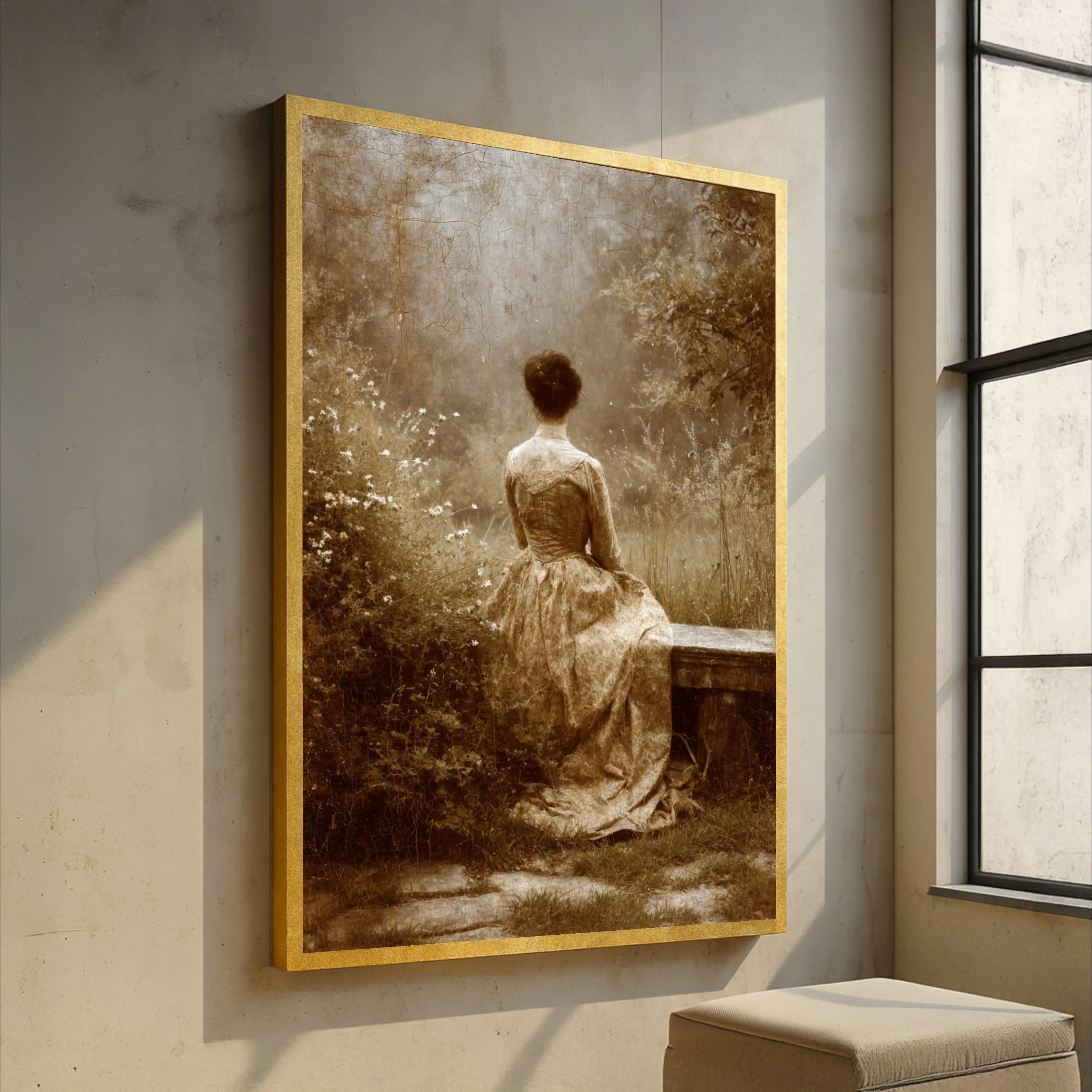 Vintage Lady in Garden, Sepia Tone Canvas, Victorian Style Portrait Wall Art, Classic Home Decoration, Timeless Elegance Canvas