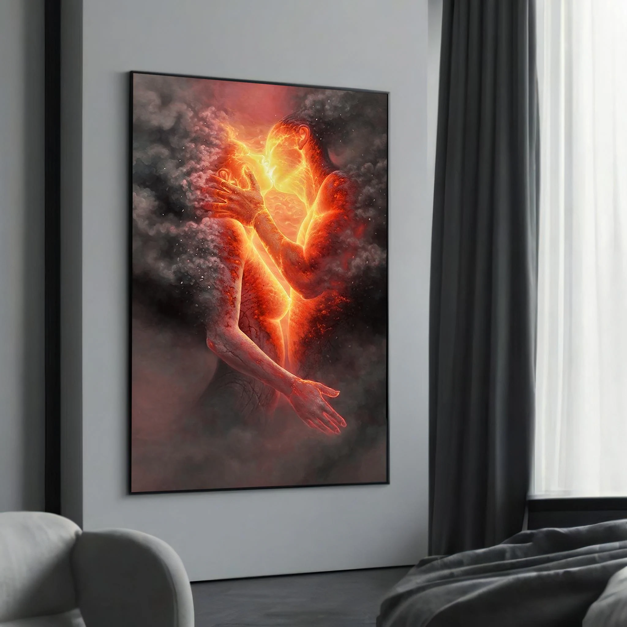 Fiery Embrace Canvas Art - Passionate Lovers Wall Art, Abstract Fire and Smoke, Romantic Modern Decor, Ready to Hang