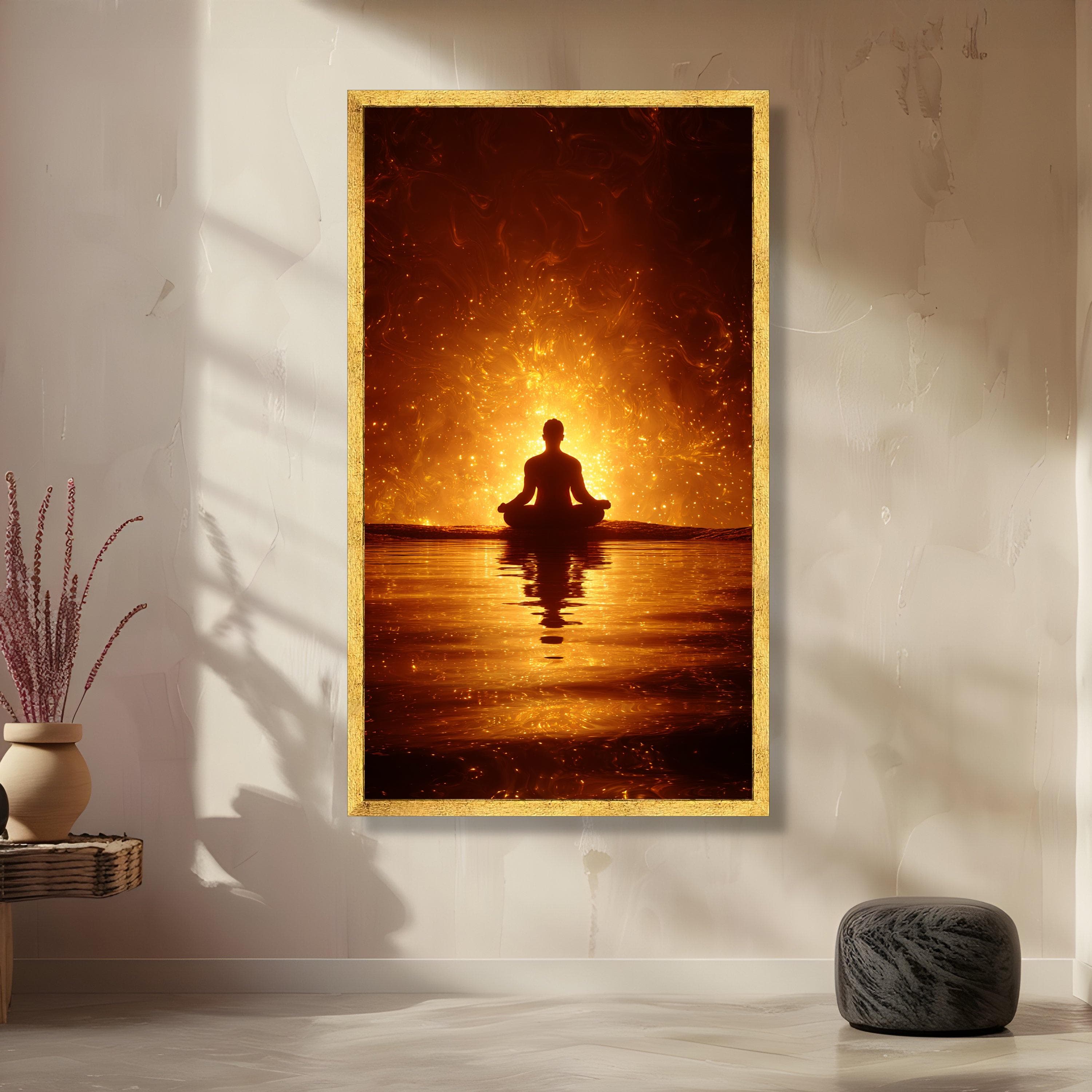 Illuminated Meditation Silhouette Canvas, Spiritual Glow Wall Art, Zen Serenity Reflection, Yoga Pose Decoration, Tranquil Atmosphere Canvas - image 3