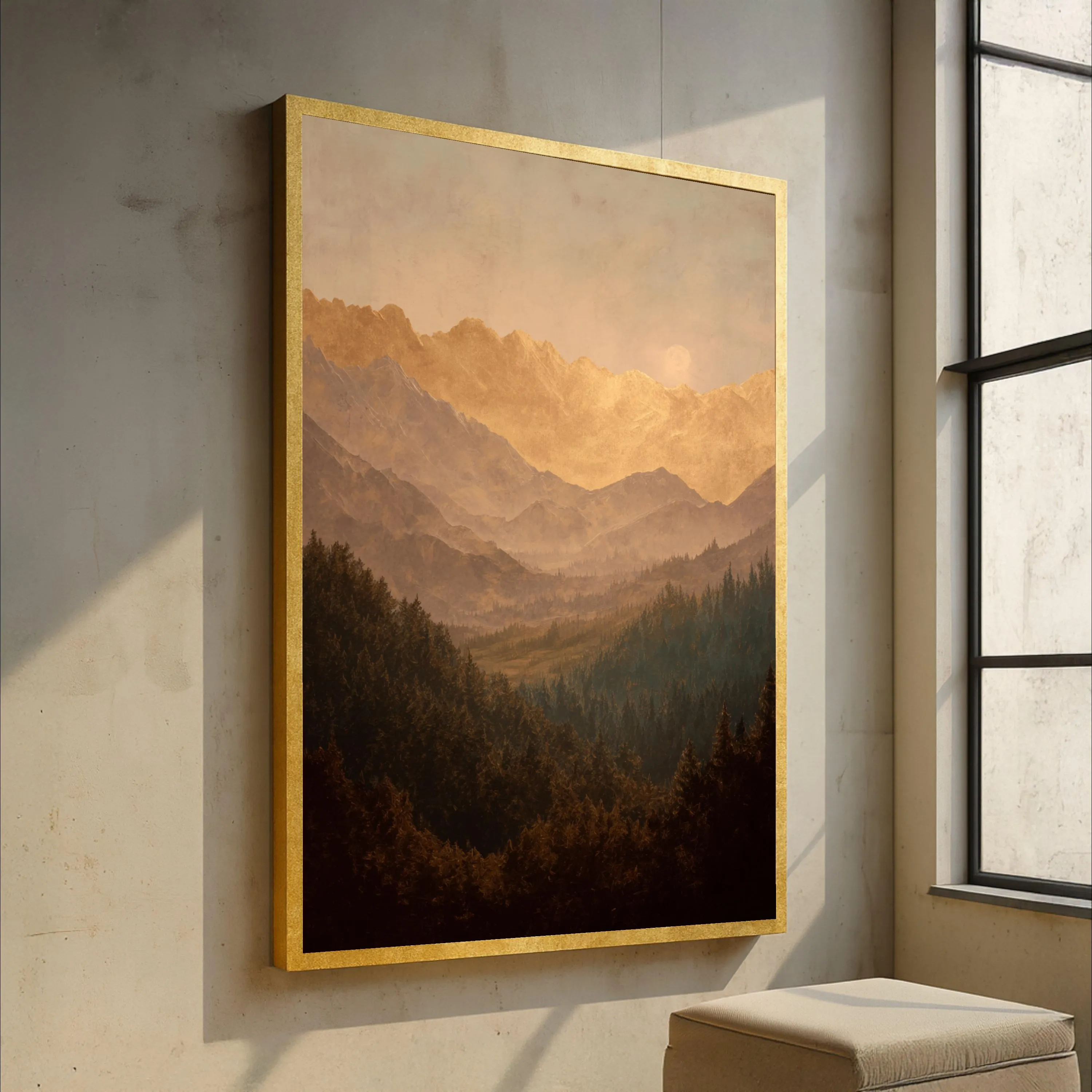 Golden Mountain Layers Canvas, Vintage Landscape Wall Art, Forest Valley Decor, Nature Scene Canvas, Rustic Home Decoration