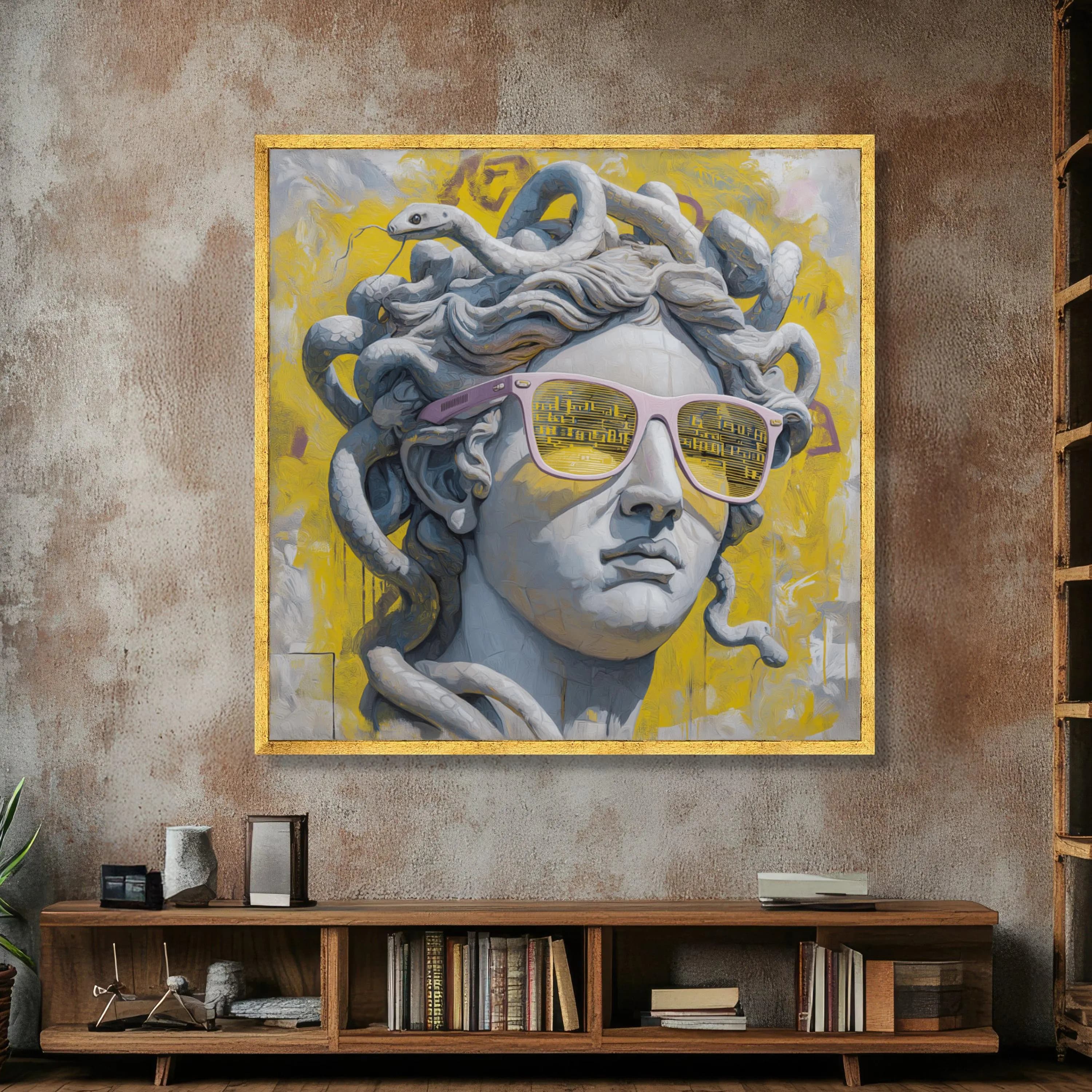 Modern Medusa Statue Canvas Wall Art, Urban Graffiti Style, Snake Hair Sculpture Canvas, Bold Yellow Background, Contemporary Home Decor - image 3