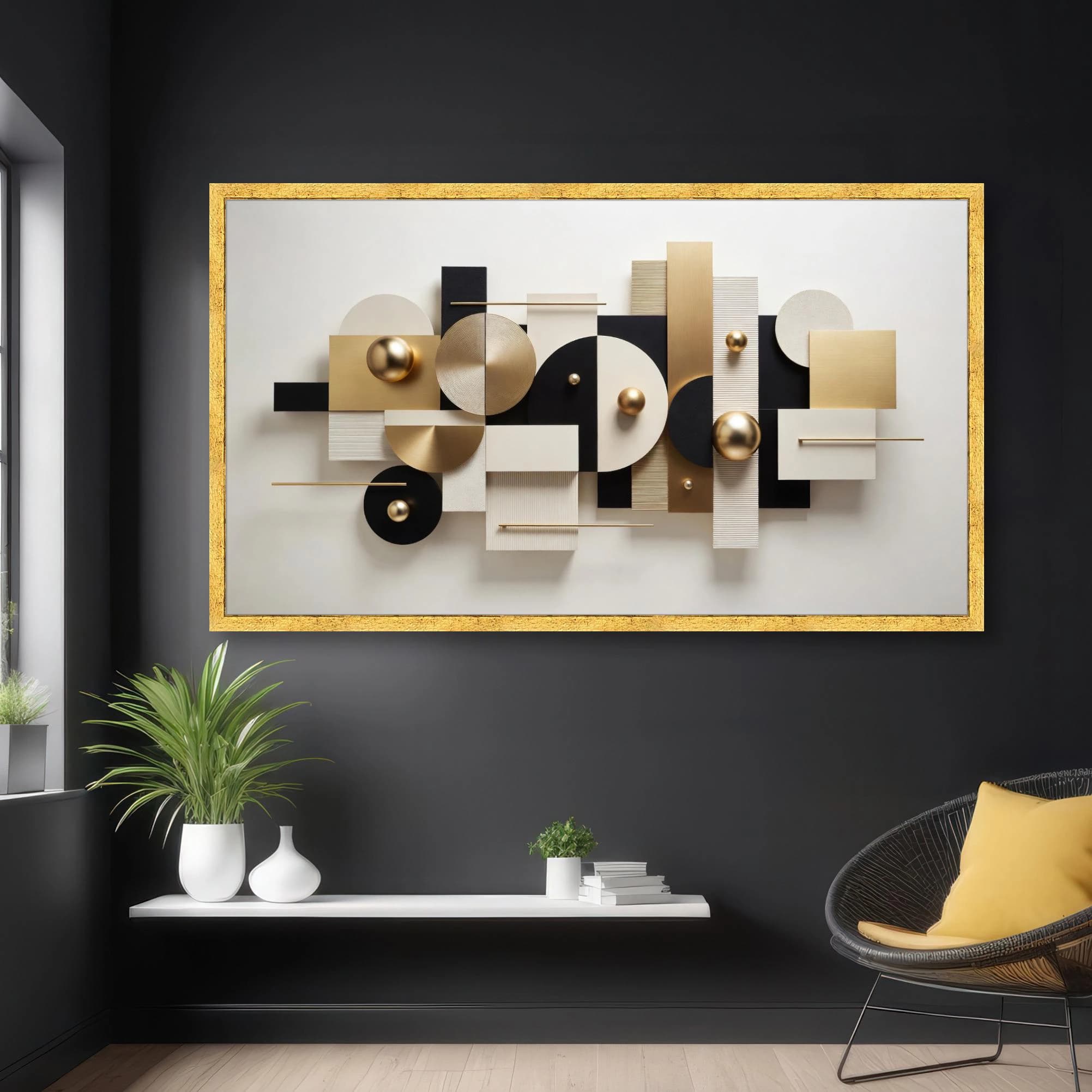 Geometric Abstract Wall Art, Black White Gold Mid Century Modern Decor, Bauhaus Style Print, Minimalist Canvas Art - image 3