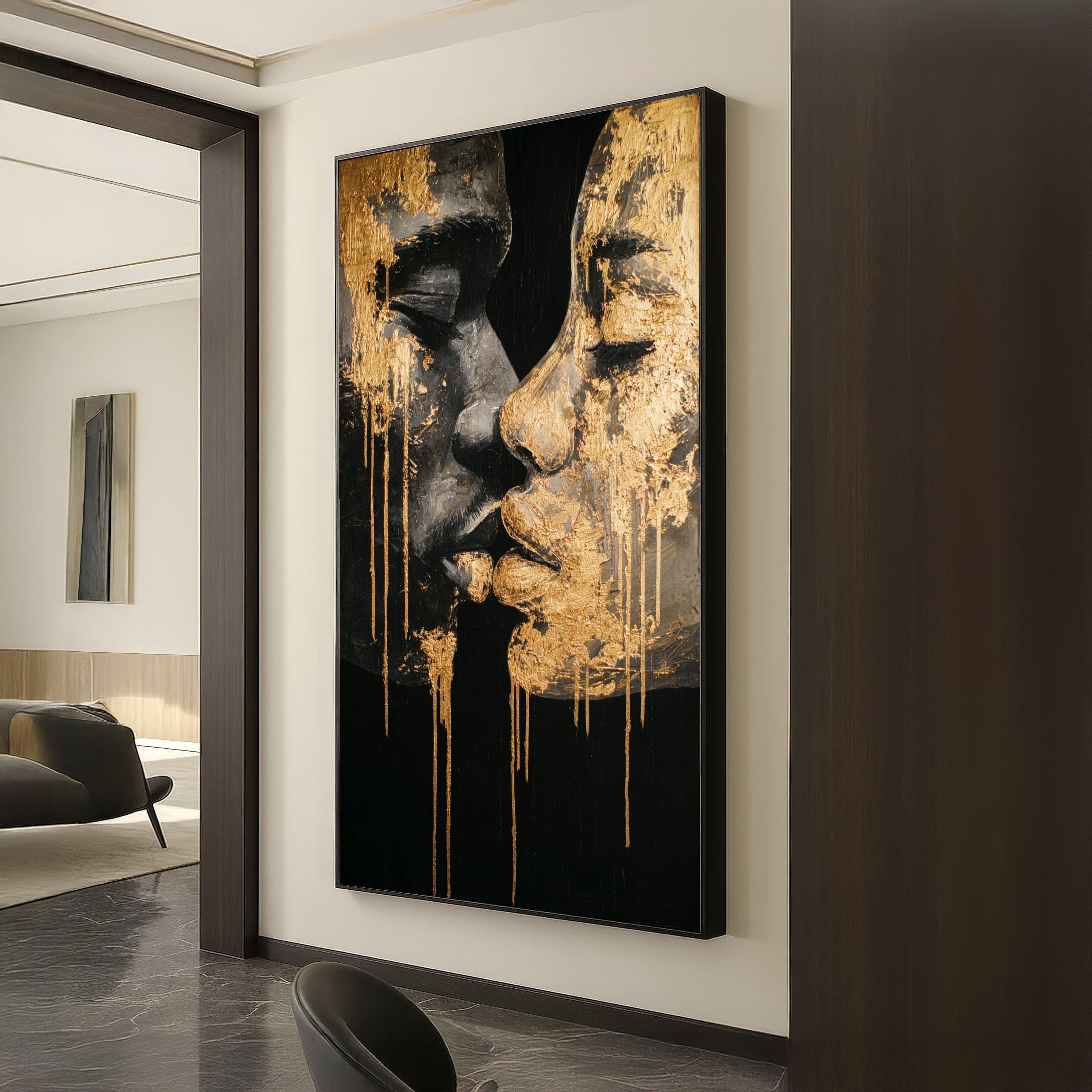 Golden Kiss Abstract Canvas, Couples Portrait Wall Art, Modern Romantic Canvas, Gold Leaf Design, Intimate Home Decoration
