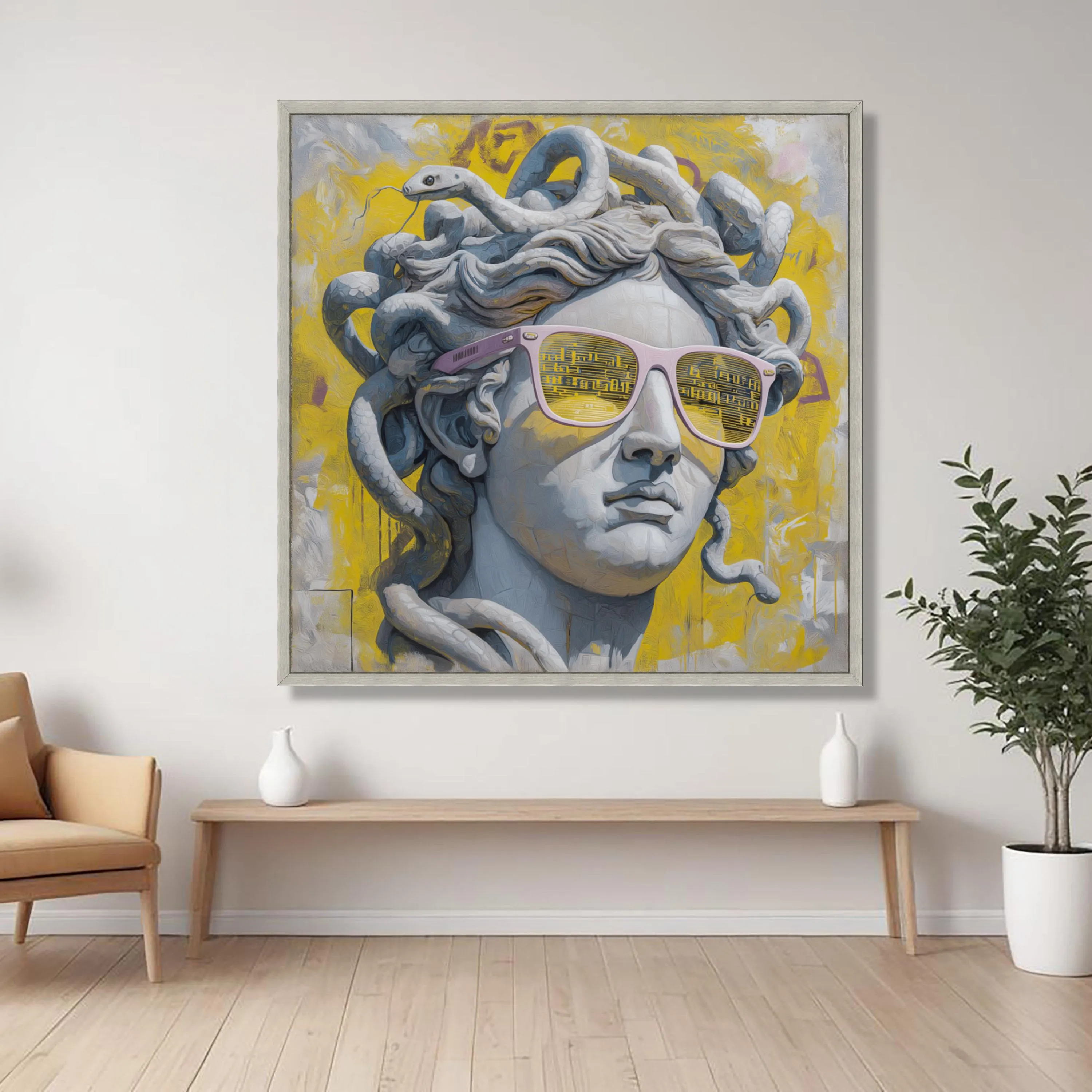 Modern Medusa Statue Canvas Wall Art, Urban Graffiti Style, Snake Hair Sculpture Canvas, Bold Yellow Background, Contemporary Home Decor - image 5