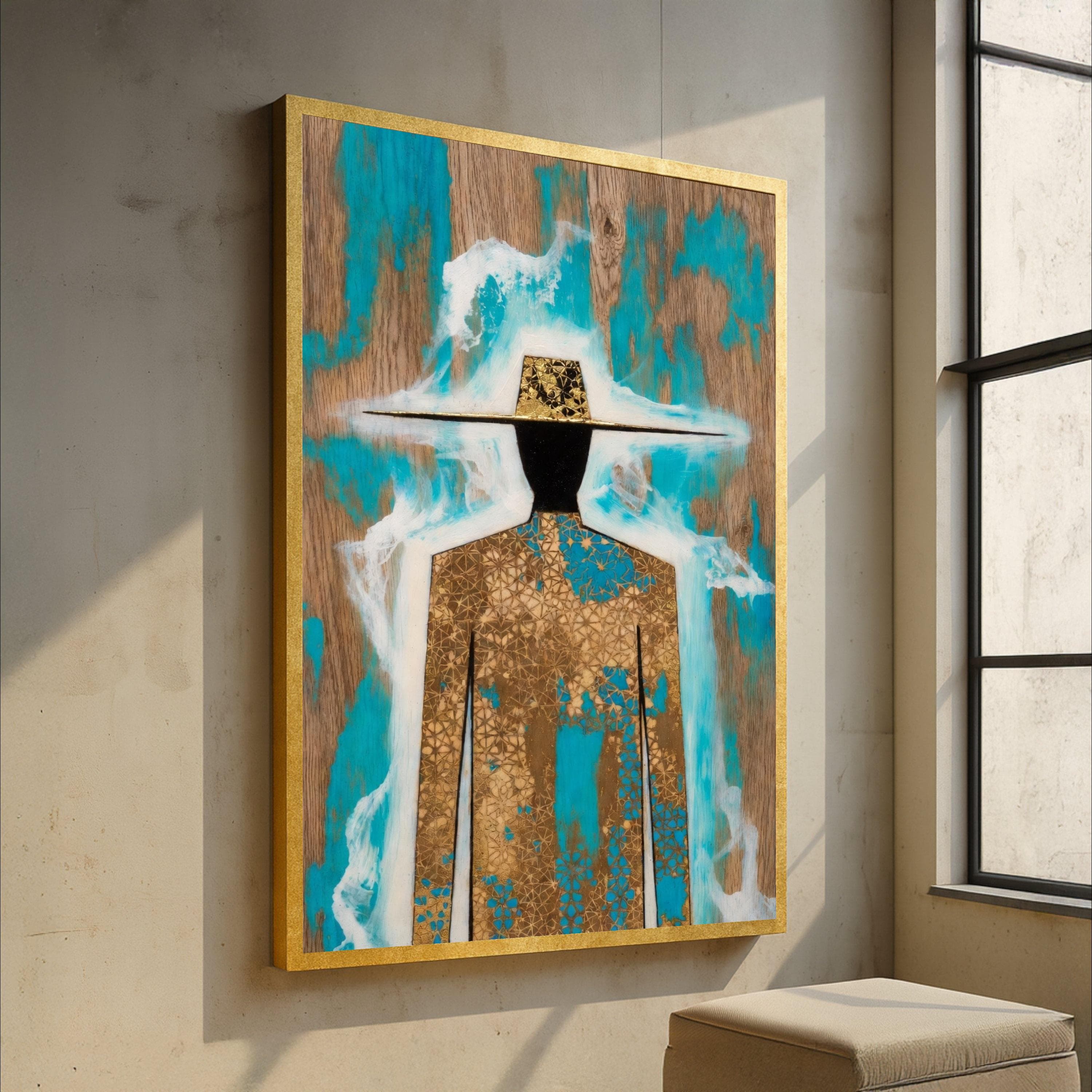 Abstract Cowboy Silhouette Canvas, Rustic Western Wall Art, Turquoise and Gold Decorative Canvas, Contemporary Farmhouse Decor, Ready to