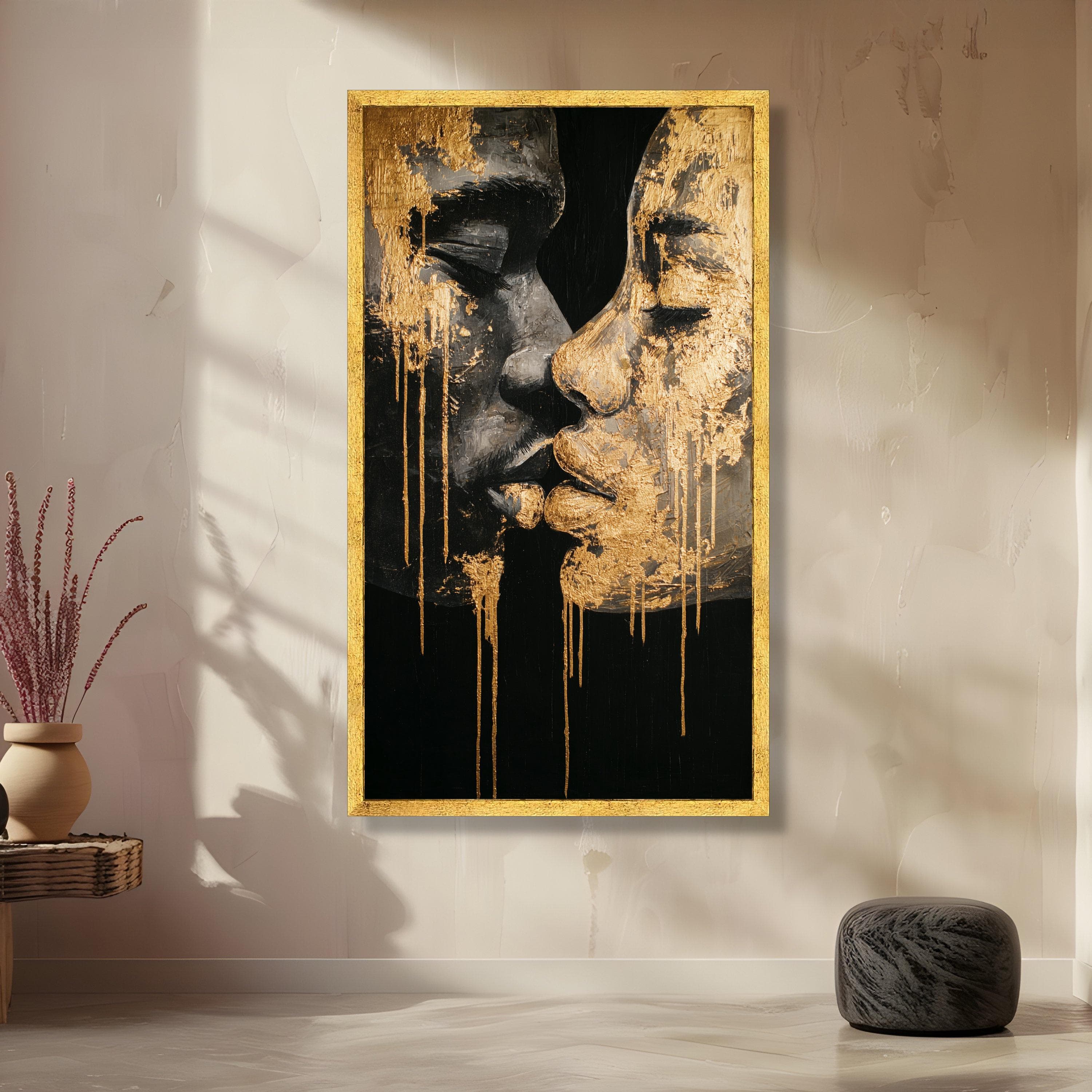 Golden Kiss Abstract Canvas, Couples Portrait Wall Art, Modern Romantic Canvas, Gold Leaf Design, Intimate Home Decoration - image 3