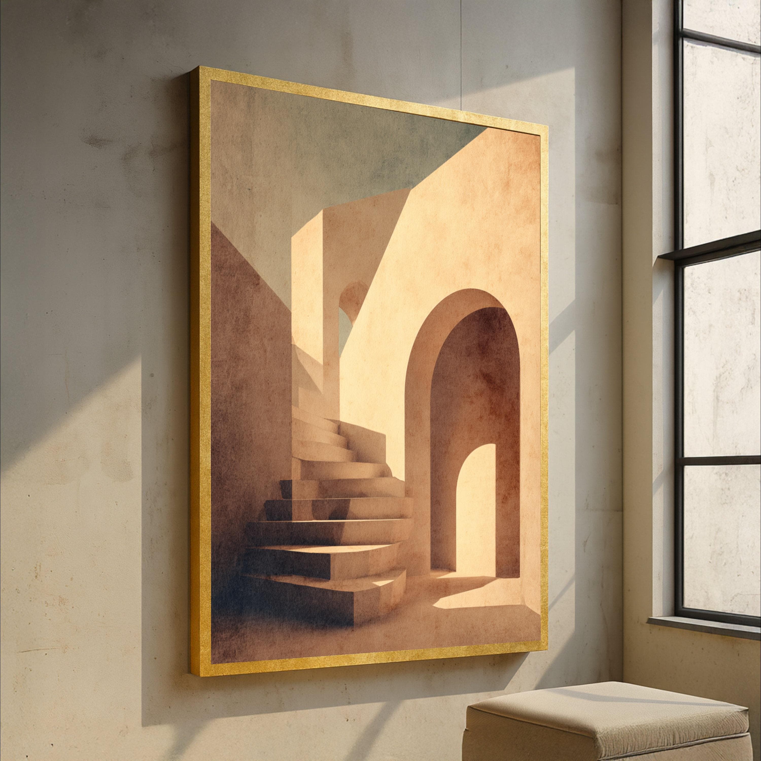 Warm Minimalist Architecture Canvas, Mediterranean Staircase Wall Art, Sunlit Arches Canvas, Modern Geometric Home Decor, Light and Shadow