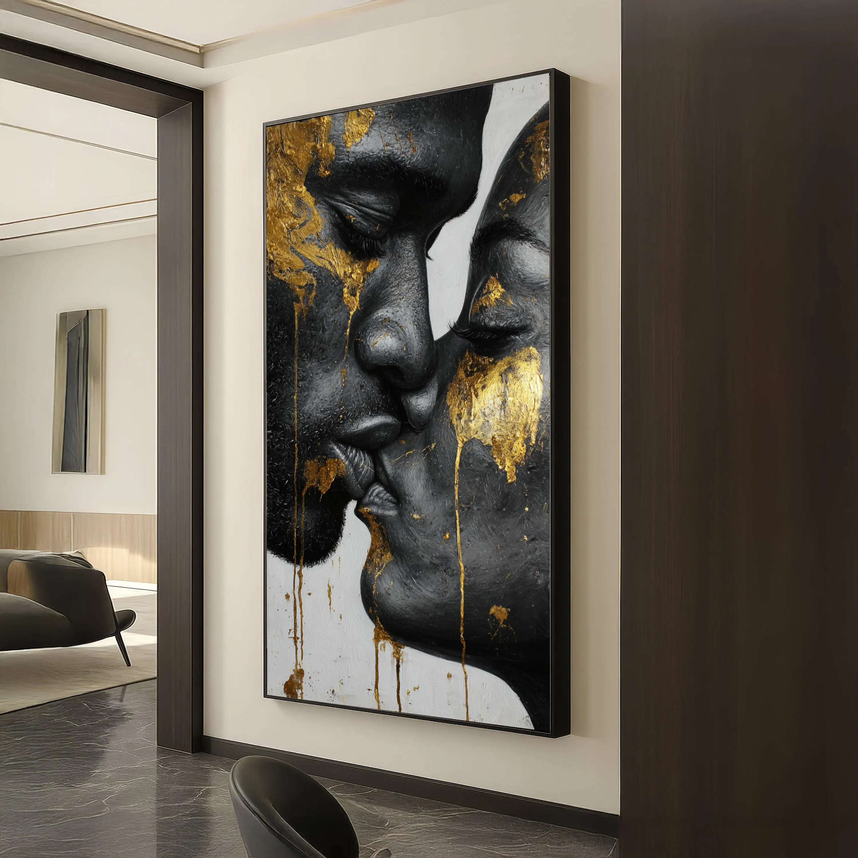 Intimate Couple Kiss Canvas, Black and Gold Wall Art, Modern Romantic Portrait, Abstract Canvas, Loving Faces Home Decor