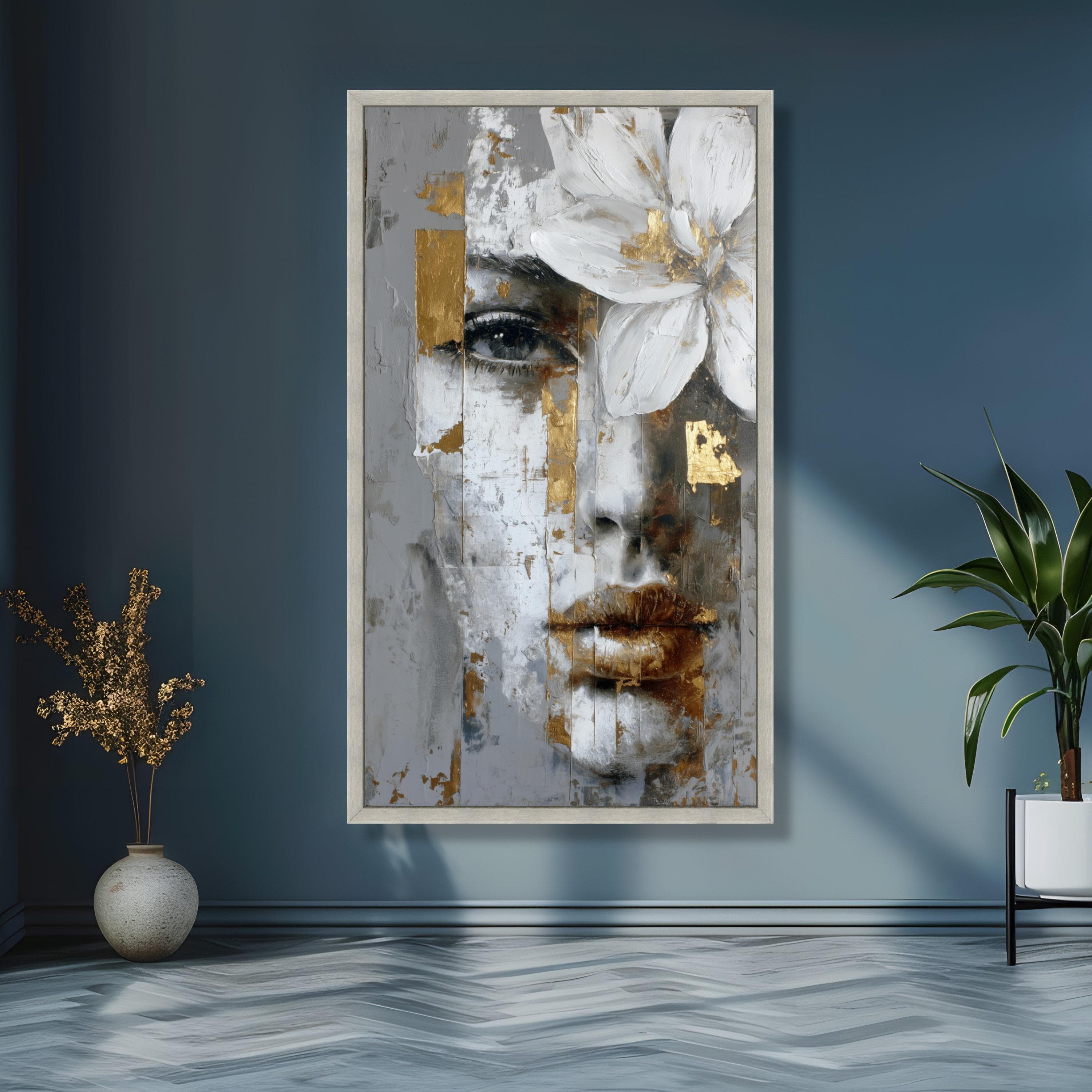 Abstract Female Portrait Canvas, Gold Leaf Accent Wall Art, White Flower Painting, Modern Face Artwork, Home Decoration - image 5