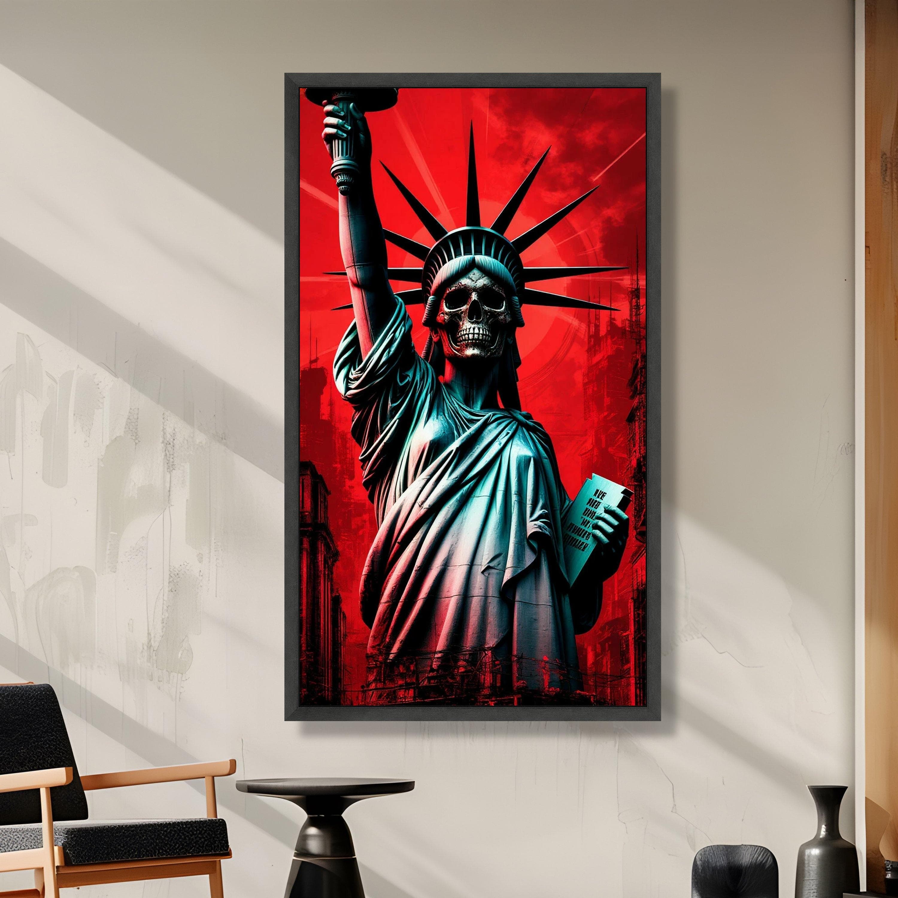 Dark Liberty Statue with Skull Face, Gothic Wall Art Canvas, Dystopian Home Decor, Bold Red Background Canvas, Urban Decay Theme Wall Art - image 4