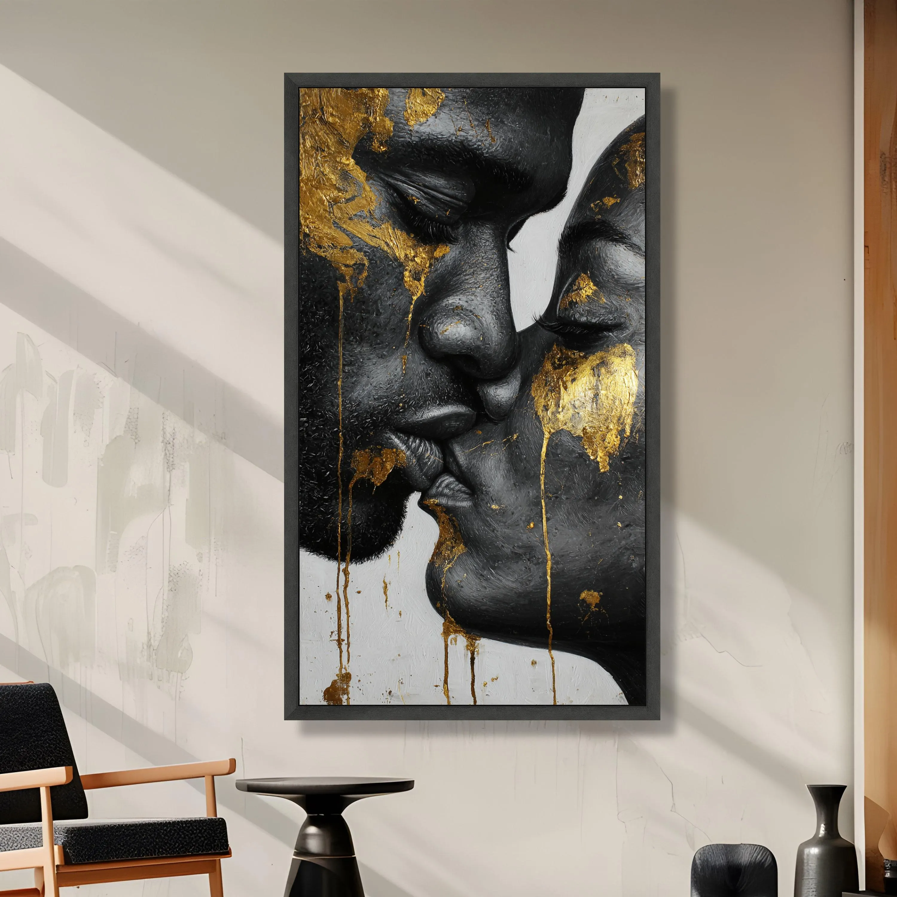 Intimate Couple Kiss Canvas, Black and Gold Wall Art, Modern Romantic Portrait, Abstract Canvas, Loving Faces Home Decor - image 4