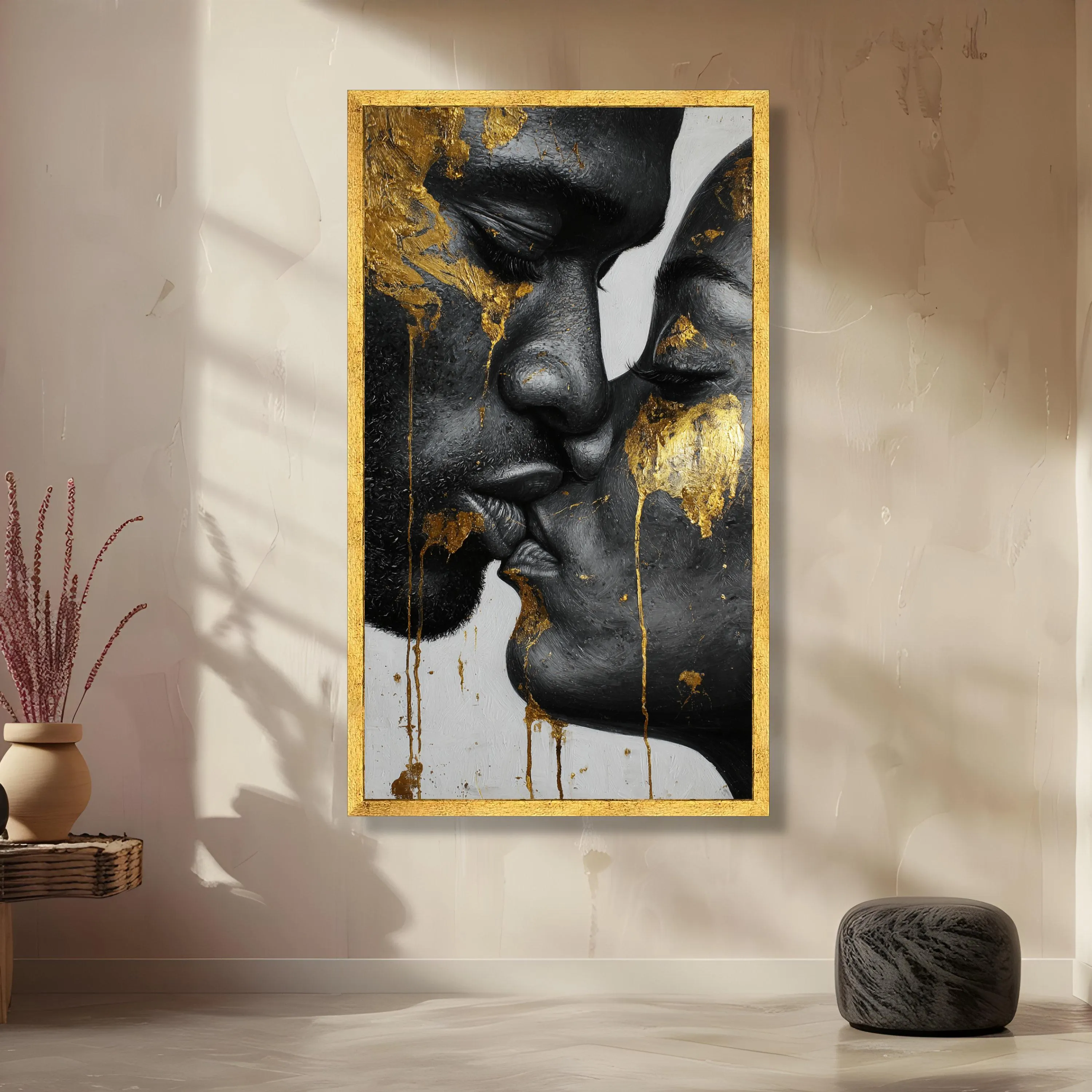 Intimate Couple Kiss Canvas, Black and Gold Wall Art, Modern Romantic Portrait, Abstract Canvas, Loving Faces Home Decor - image 3