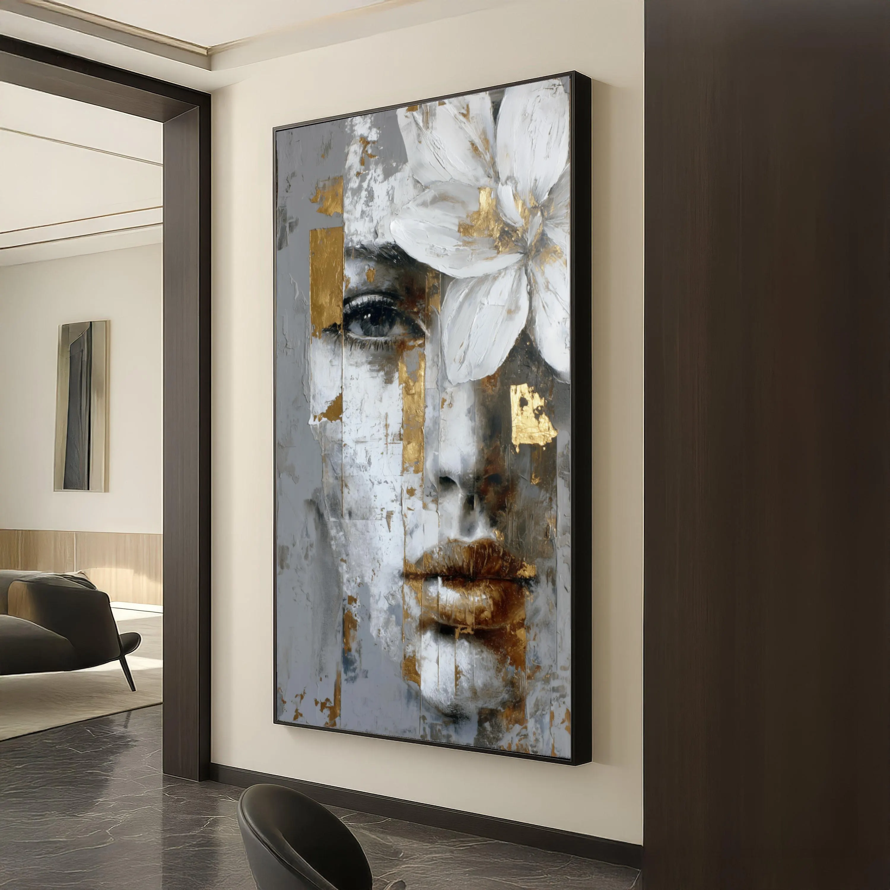 Abstract Female Portrait Canvas, Gold Leaf Accent Wall Art, White Flower Painting, Modern Face Artwork, Home Decoration