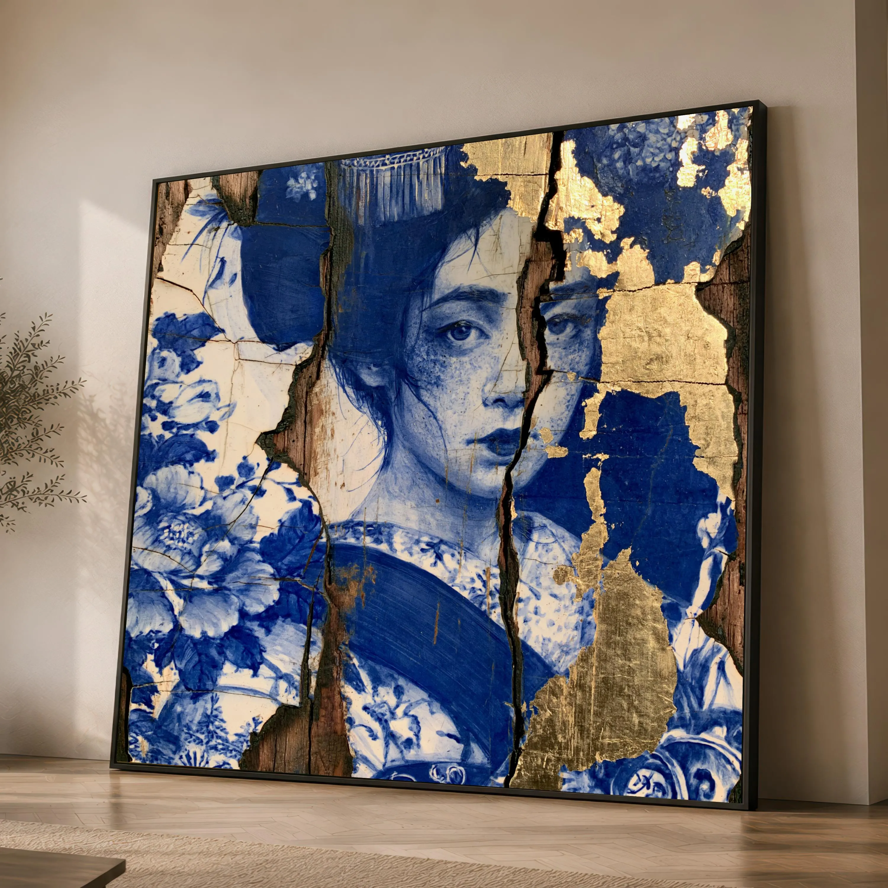 Elegant Blue Floral Canvas Print, Unique Wall Art Featuring Woman's Portrait, Modern Home Decor for Living Room or Bedroom