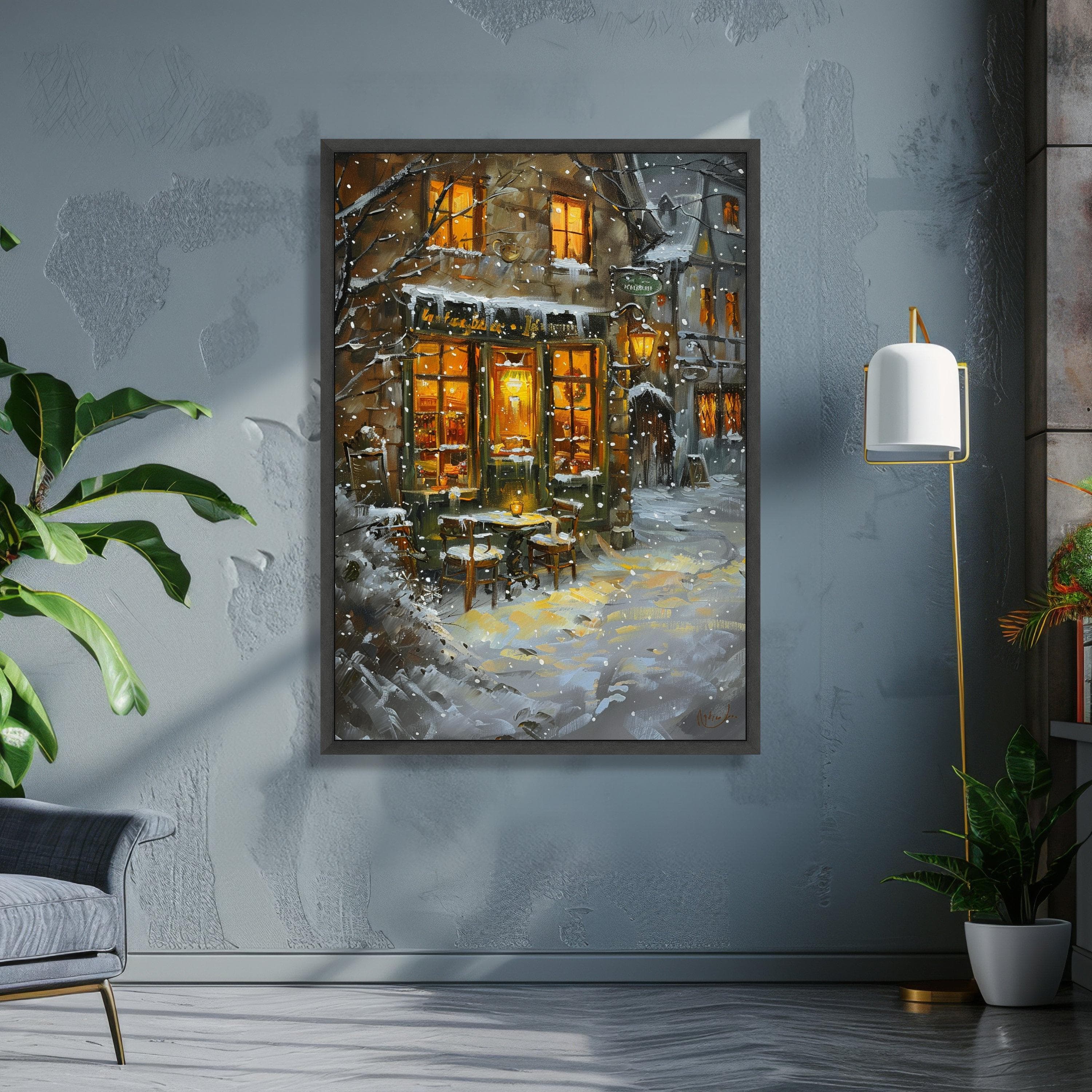 Cozy Winter Café Scene Canvas, Snowy Street Wall Art, Warm Light Painting, Seasonal Home Decoration, Rustic Outdoor Bistro Canvas - image 4