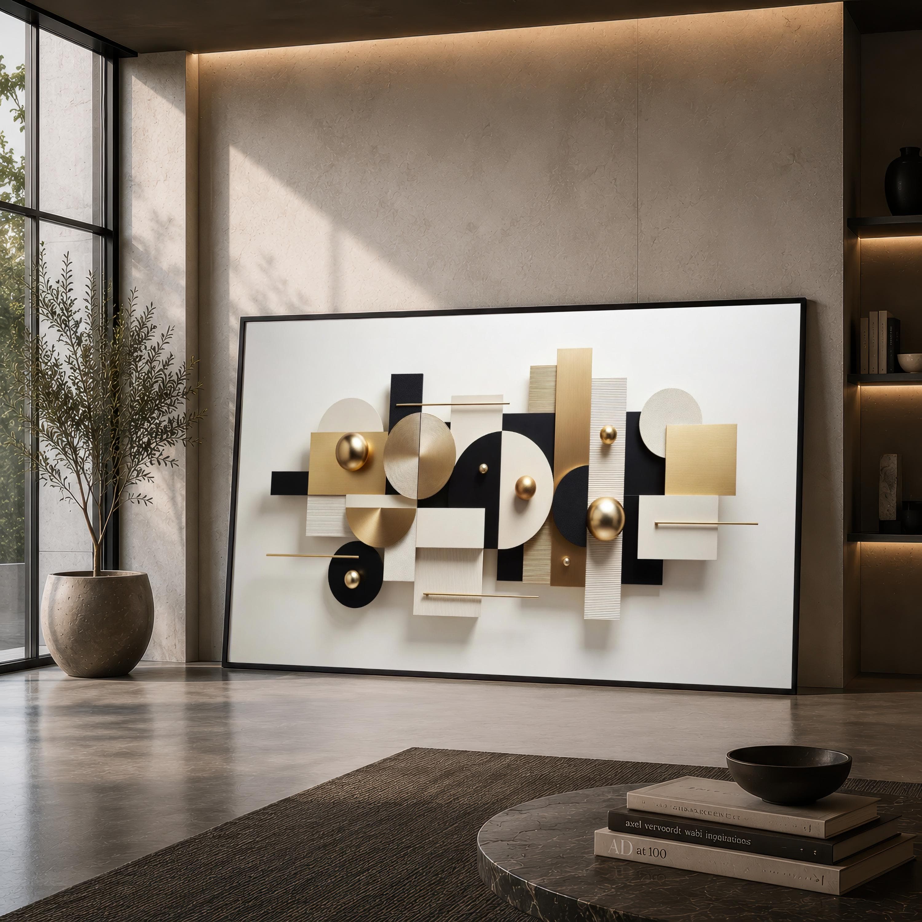 Geometric Abstract Wall Art, Black White Gold Mid Century Modern Decor, Bauhaus Style Print, Minimalist Canvas Art