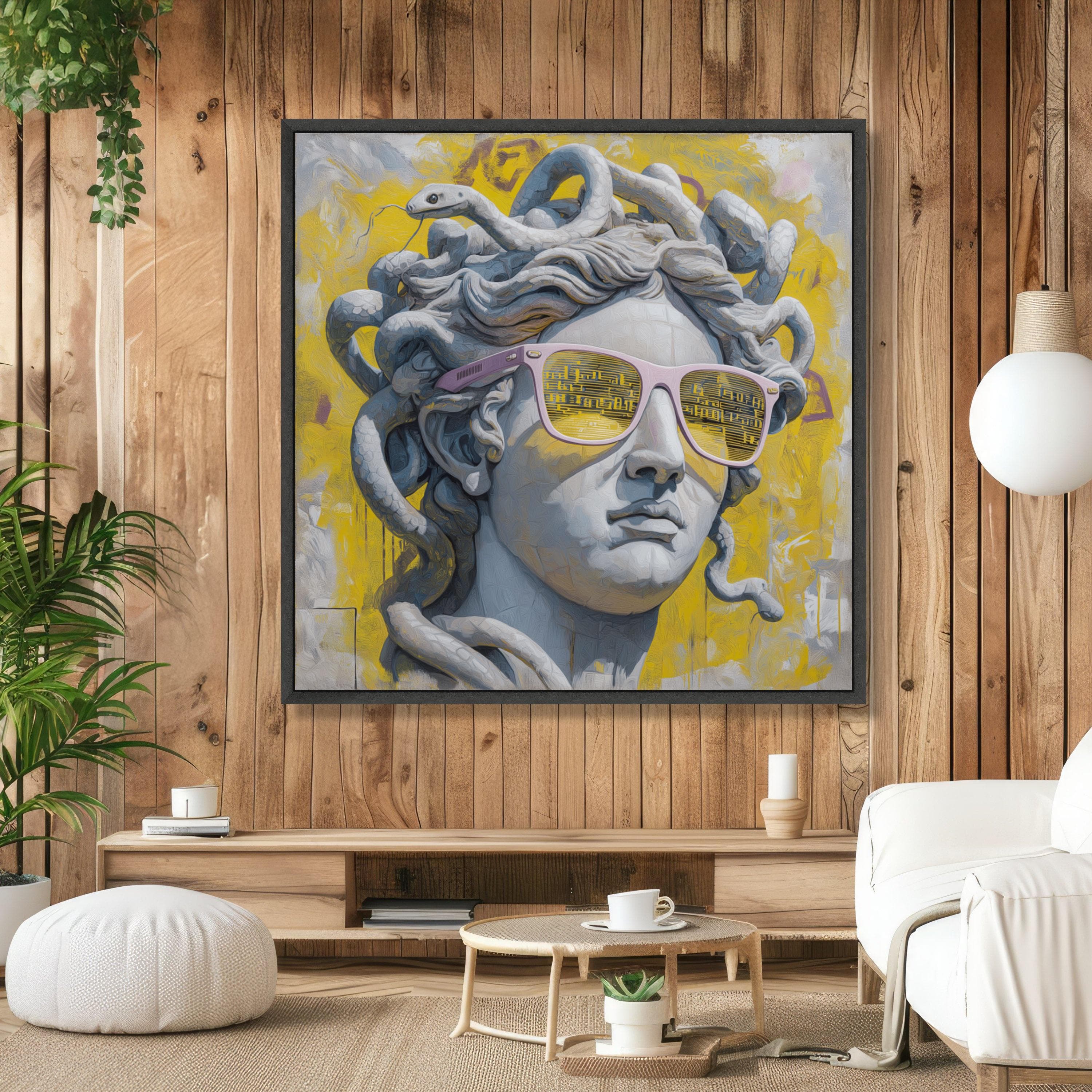 Modern Medusa Statue Canvas Wall Art, Urban Graffiti Style, Snake Hair Sculpture Canvas, Bold Yellow Background, Contemporary Home Decor - image 4
