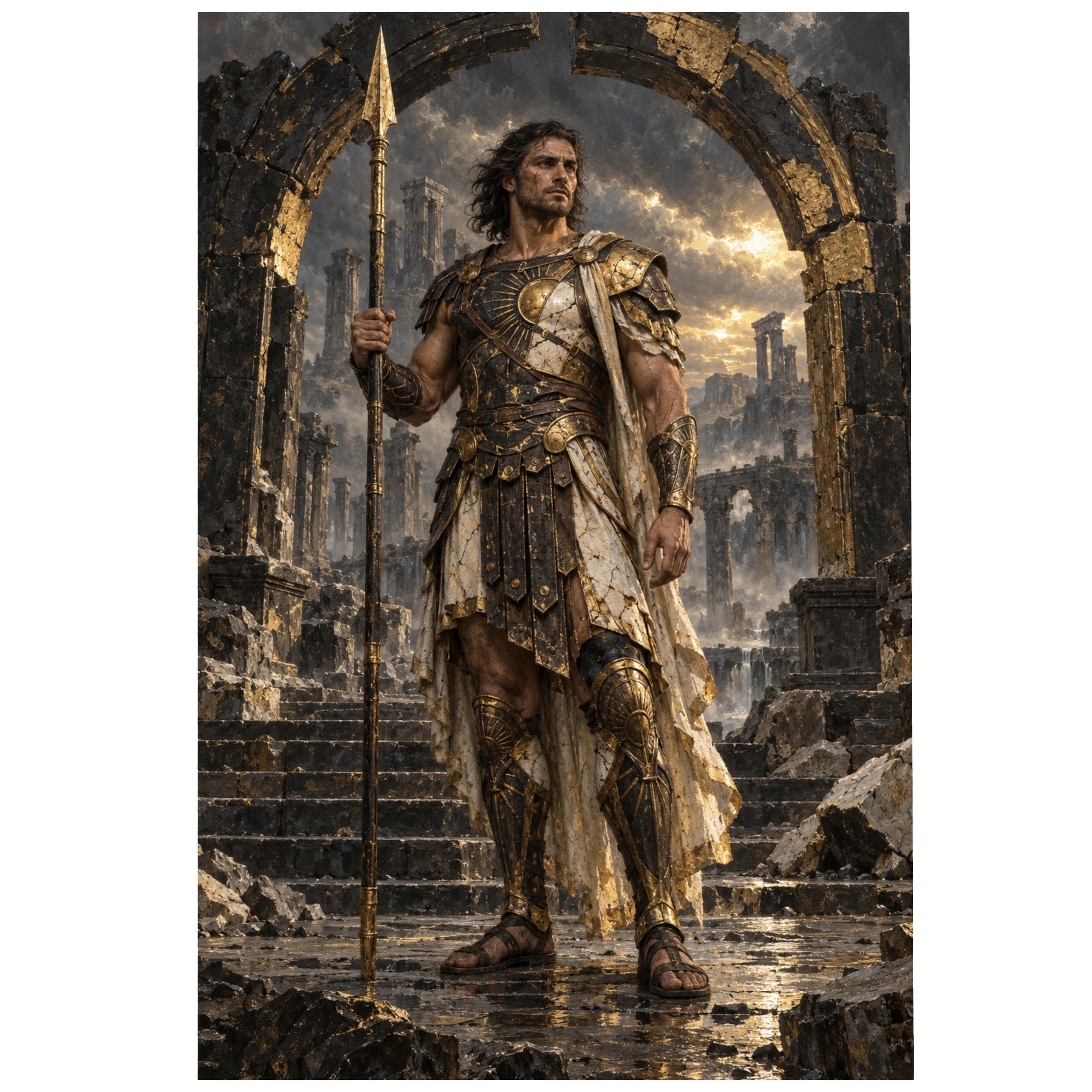 Mythical Warrior Canvas Print, Dramatic Wall Art, Fantasy Decor for Home, Heroic Figure in Ancient Ruins, Unique Wall Decoration