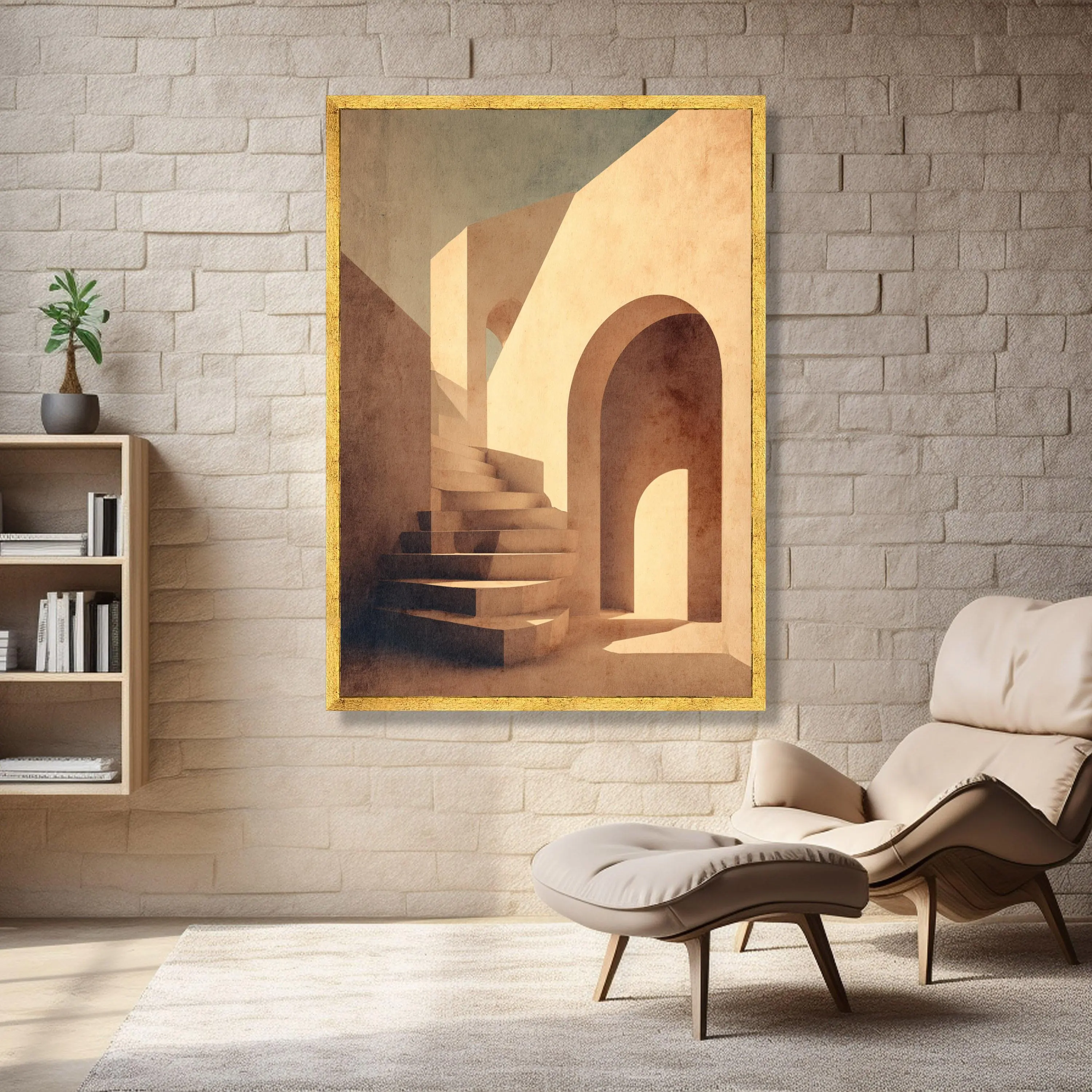 Warm Minimalist Architecture Canvas, Mediterranean Staircase Wall Art, Sunlit Arches Canvas, Modern Geometric Home Decor, Light and Shadow - image 3