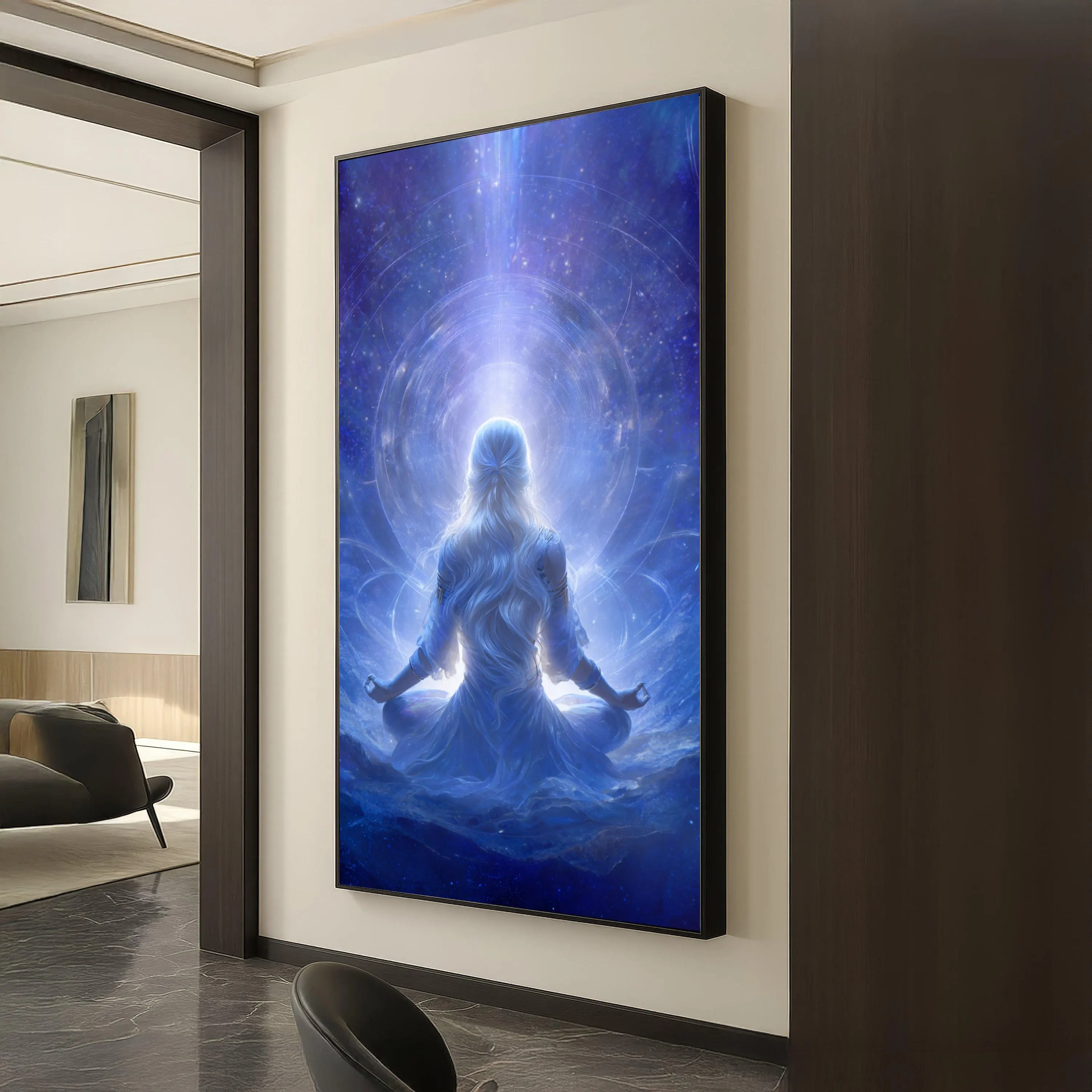 Mystic Meditation, Woman in Blue Light Canvas, Spiritual Wall Art, Cosmic Energy Canvas, Enlightenment Theme Decoration