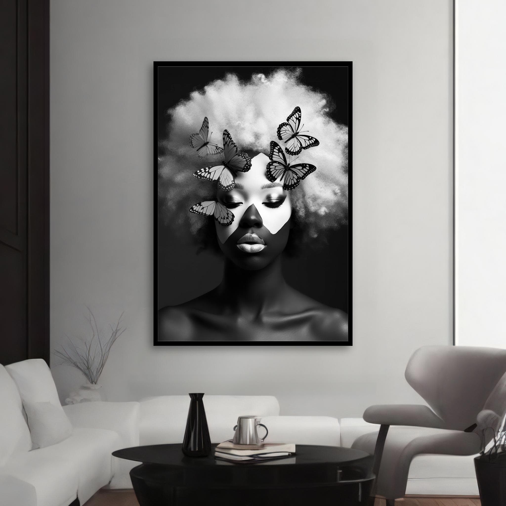 Afro Butterfly Portrait Canvas – Black & White Surreal Art, Modern Wall Decor - image 3