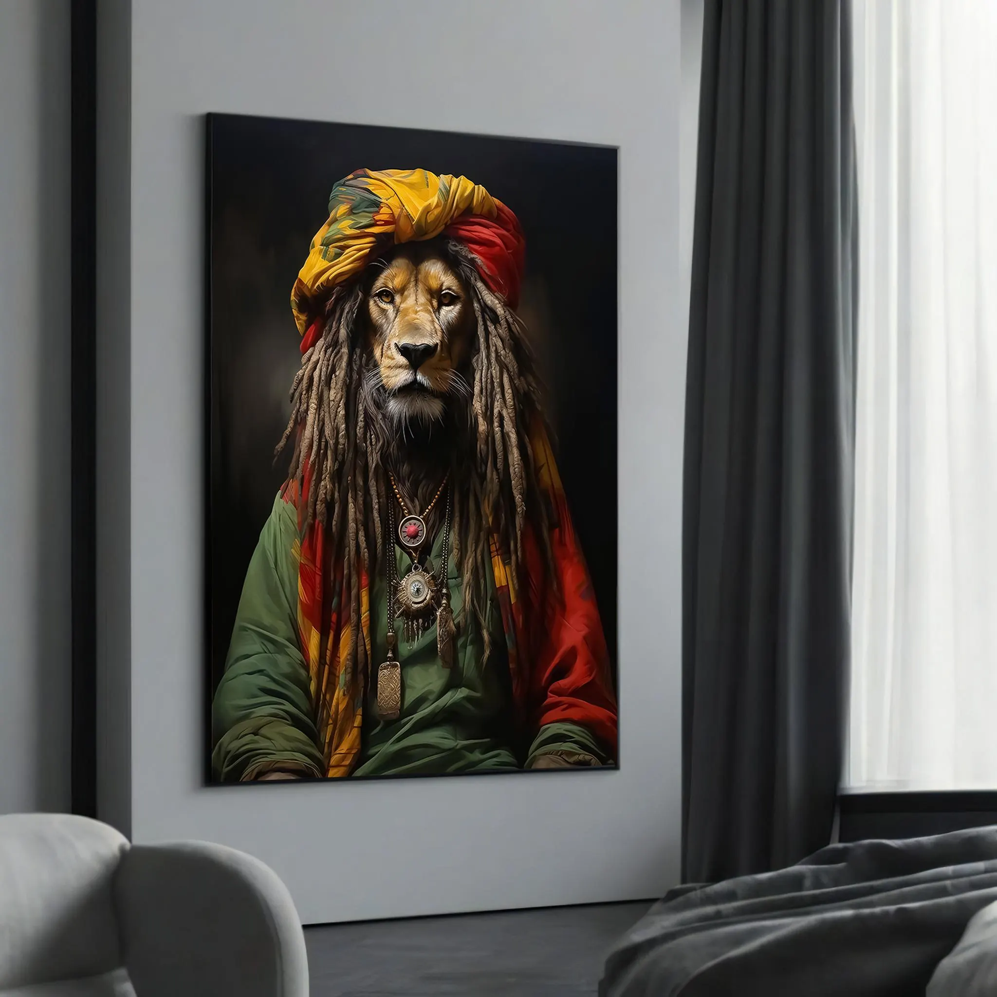Regal Lion in Vibrant Rasta Attire Canvas Painting: An Inspirational Gift for Art Collectors
