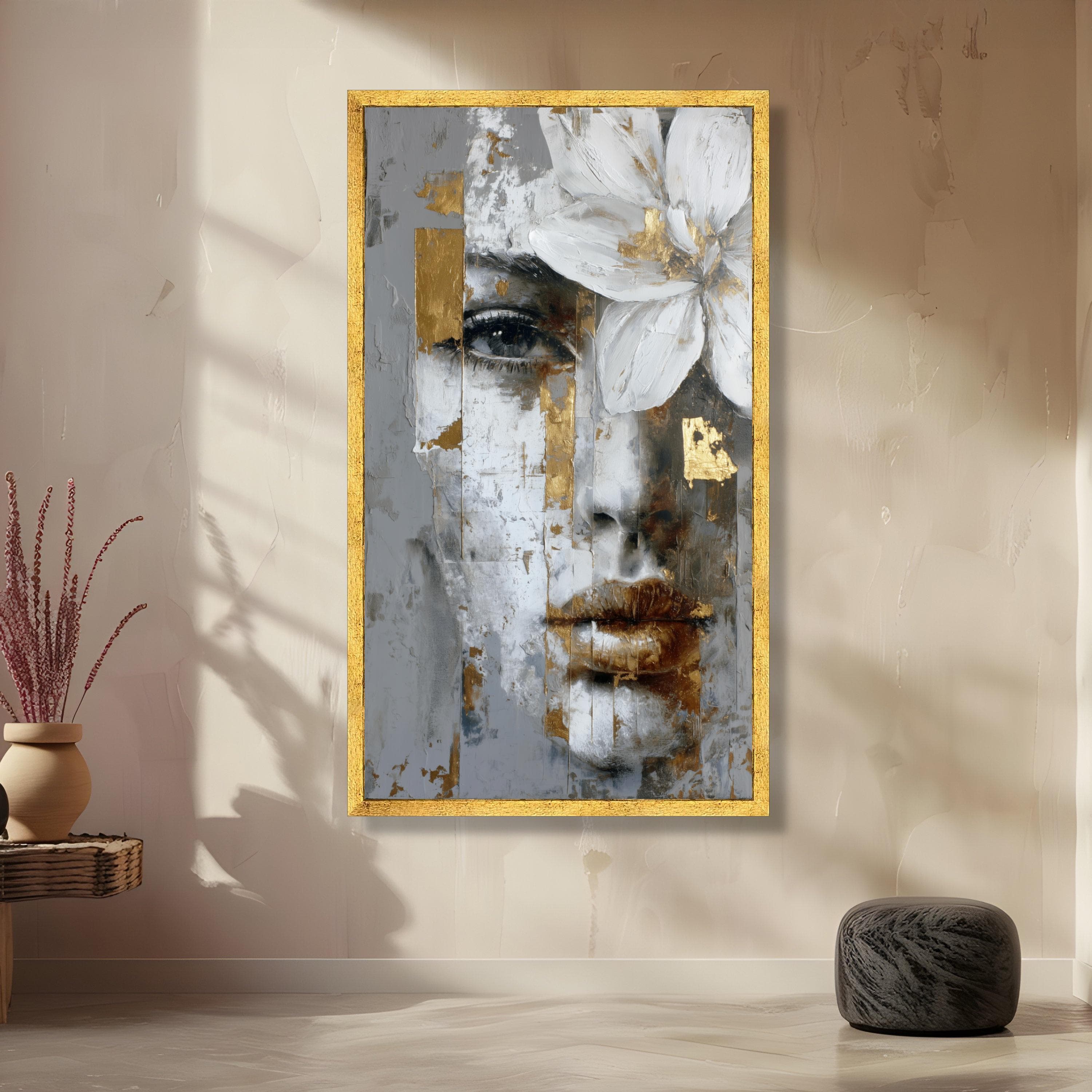Abstract Female Portrait Canvas, Gold Leaf Accent Wall Art, White Flower Painting, Modern Face Artwork, Home Decoration - image 3