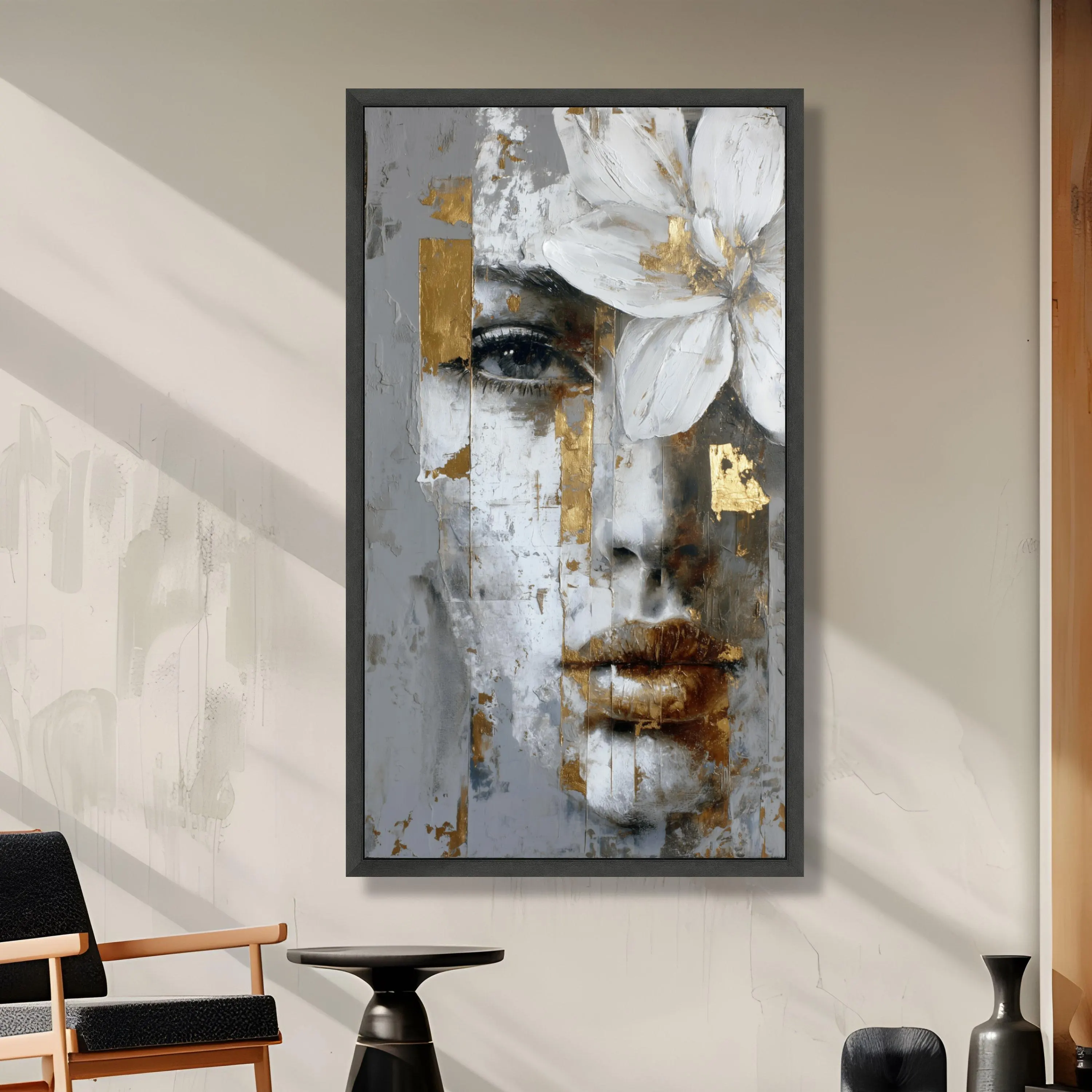 Abstract Female Portrait Canvas, Gold Leaf Accent Wall Art, White Flower Painting, Modern Face Artwork, Home Decoration - image 4