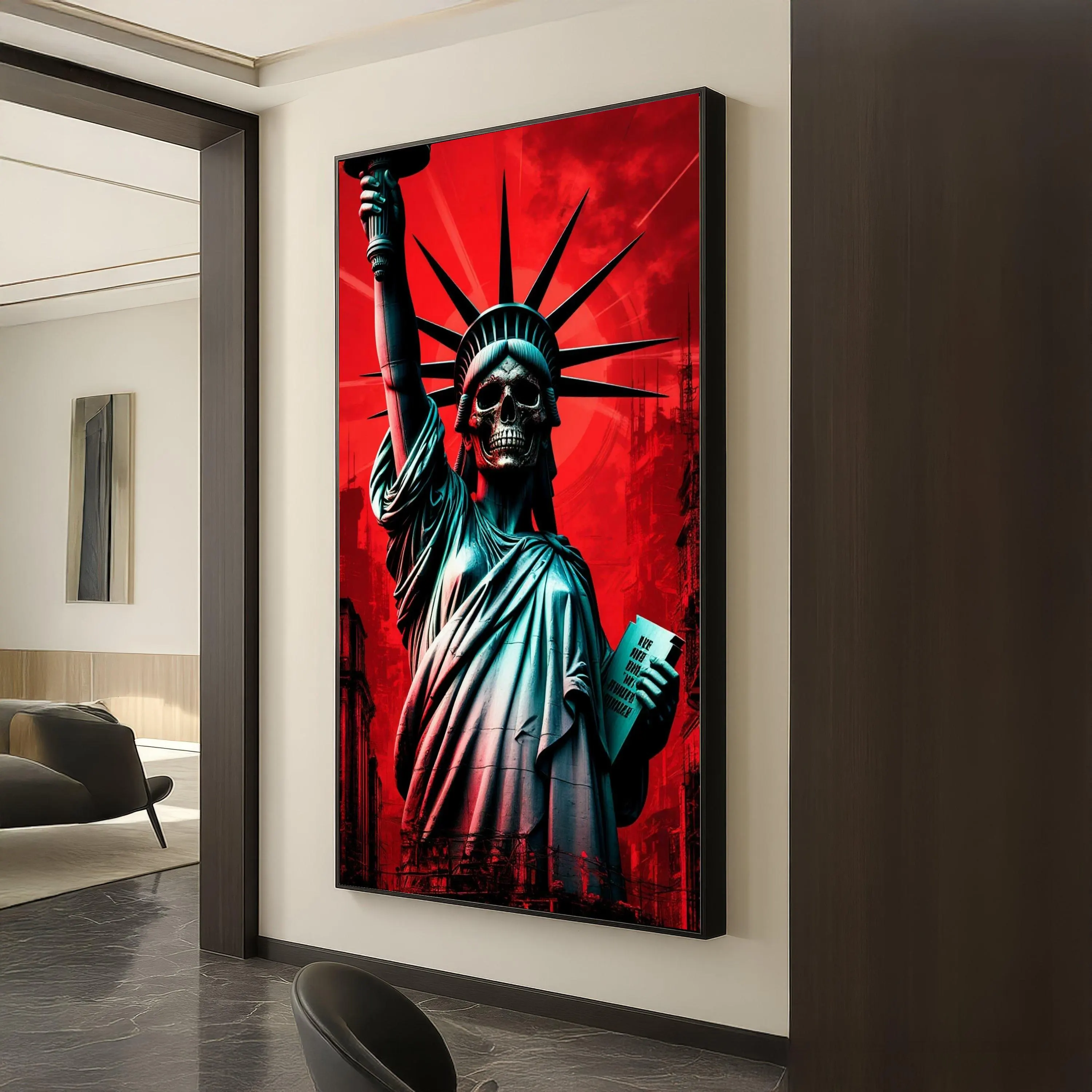 Dark Liberty Statue with Skull Face, Gothic Wall Art Canvas, Dystopian Home Decor, Bold Red Background Canvas, Urban Decay Theme Wall Art