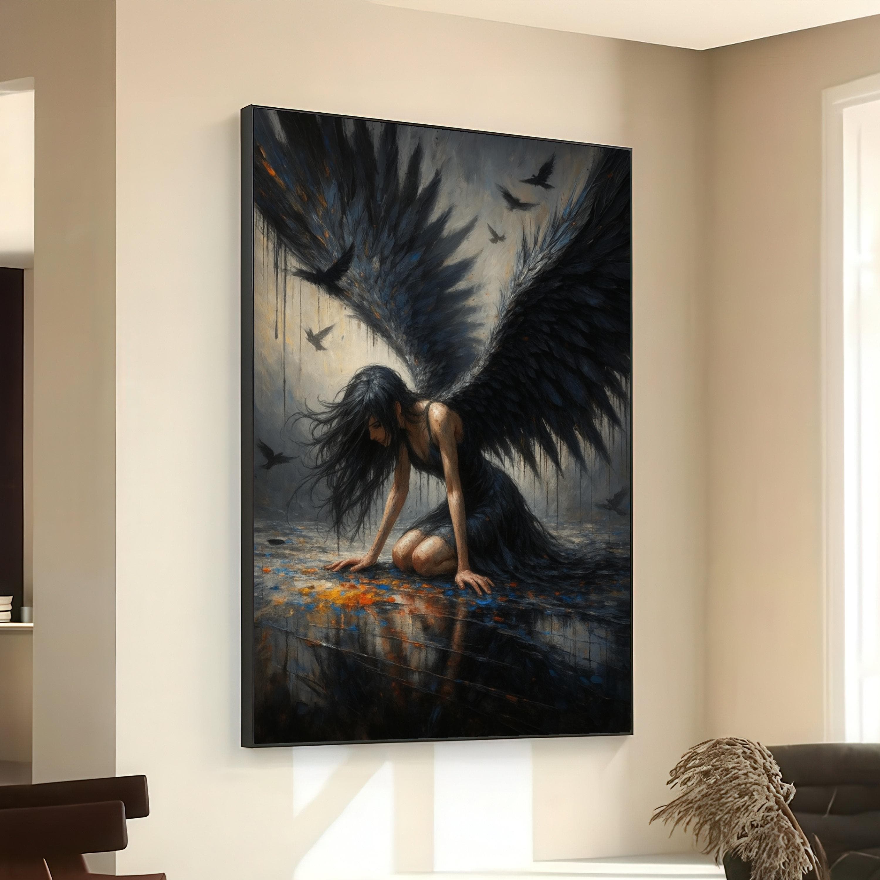 Dark Fallen Angel Canvas Wall Art, Gothic Woman with Black Wings, Moody Fantasy Art, Dramatic Home Decor, Mystical Wall Painting