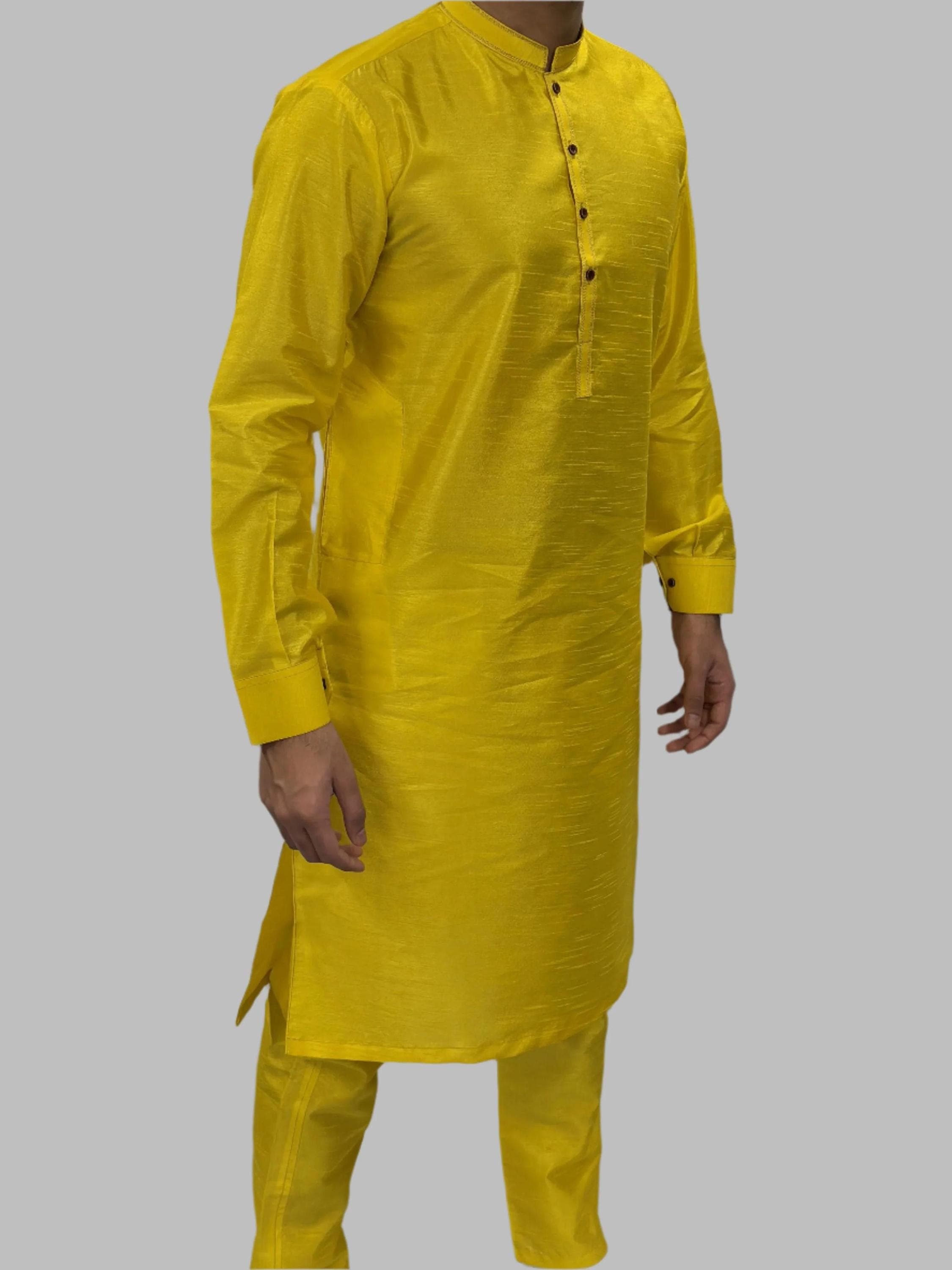 Men's Yellow Twist Plain Silky Trouser Suit