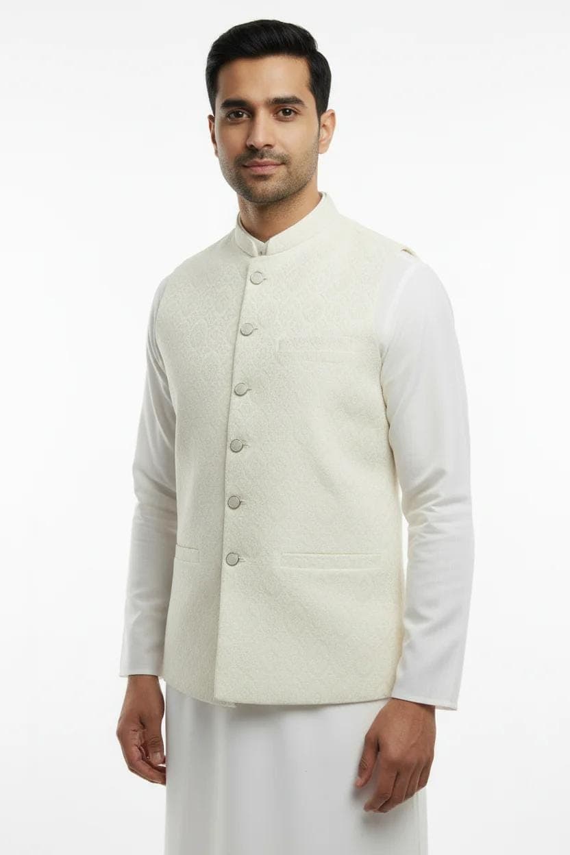 Men's Cream Medallion Design Jamawar Waistcoat