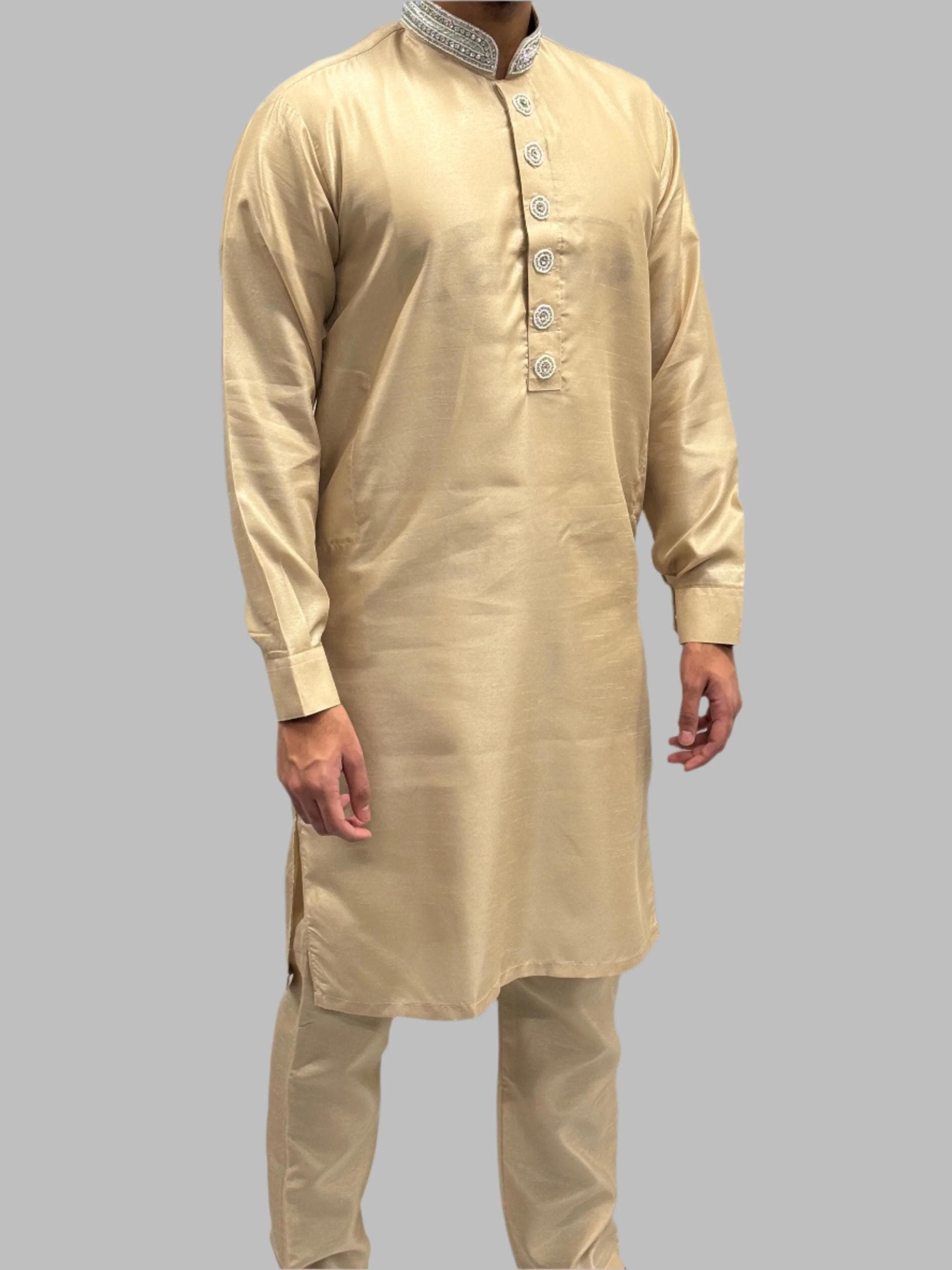 Boys Sand Beige Silky Beadwork Trouser Suit