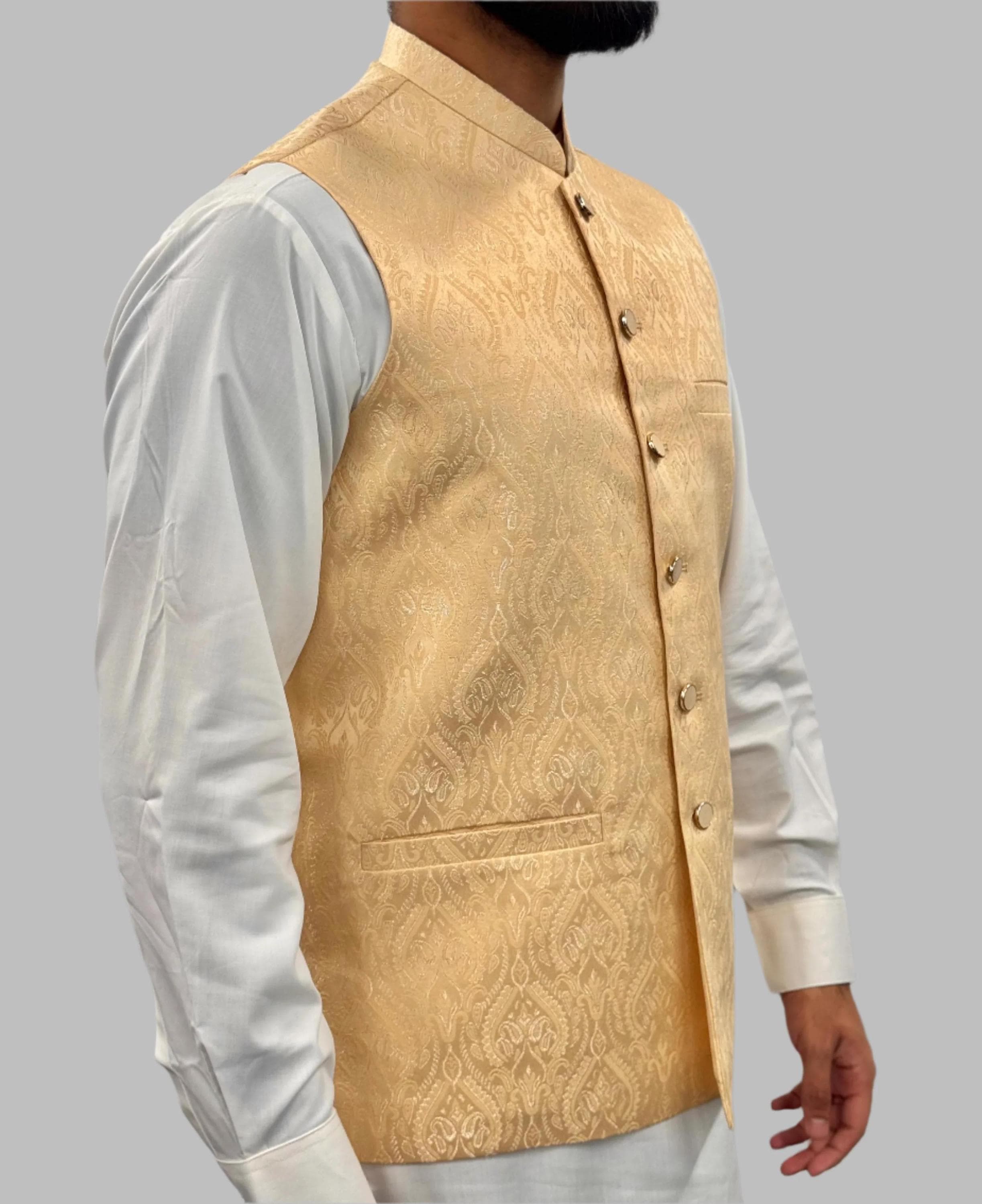 Men's Beige Gold Royal Design Jamawar Waistcoat