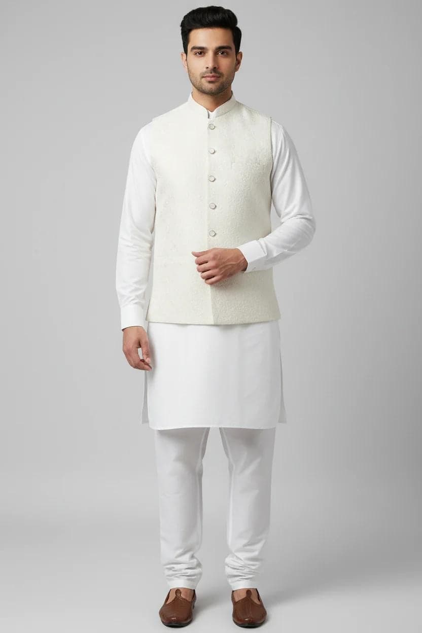 Off White Flower Design Jamawar Waistcoat Full