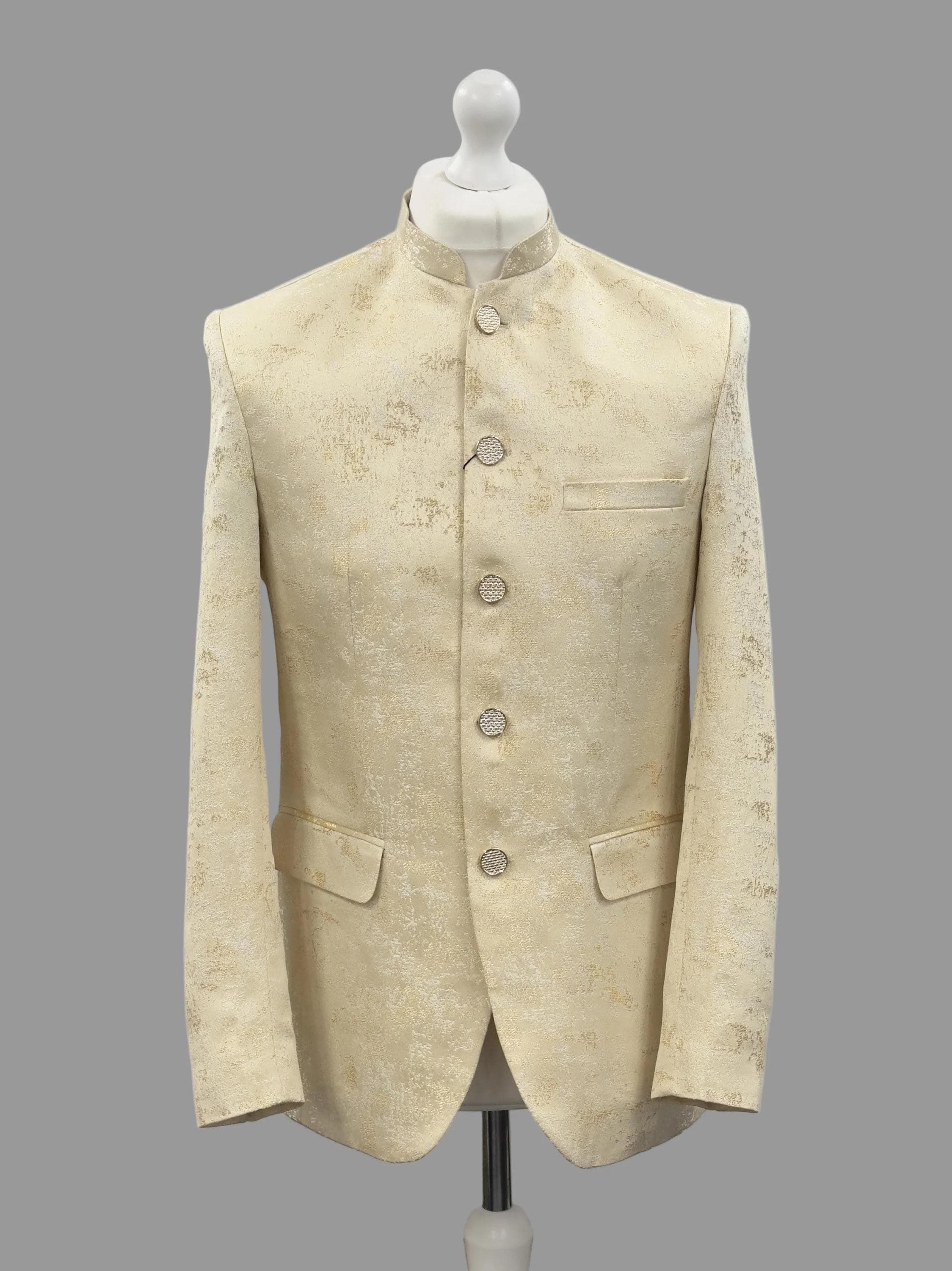 Men's Cream Gold Jamawar Prince Coat Jacket